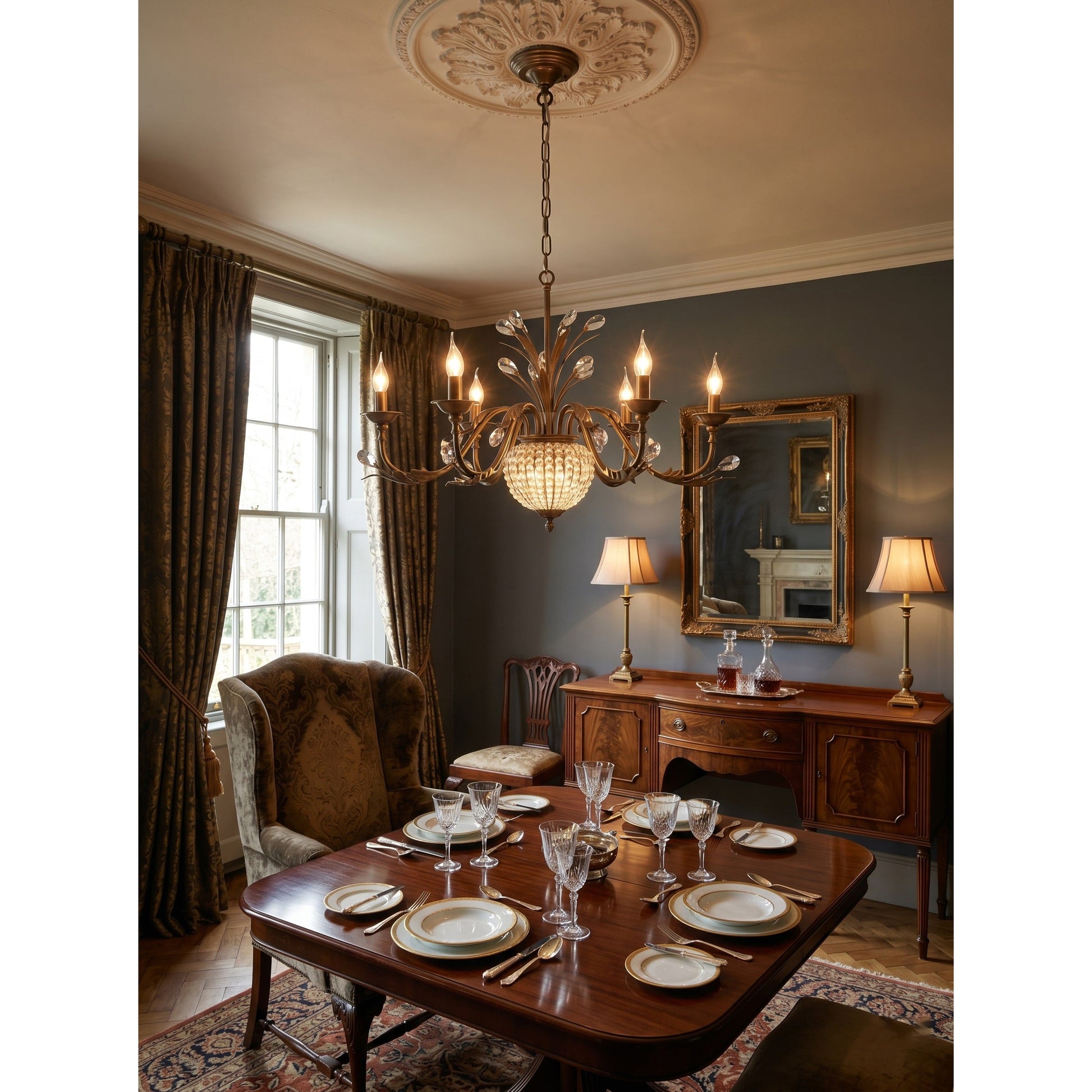 Side profile of the 8-head Maxax crystal chandelier.
