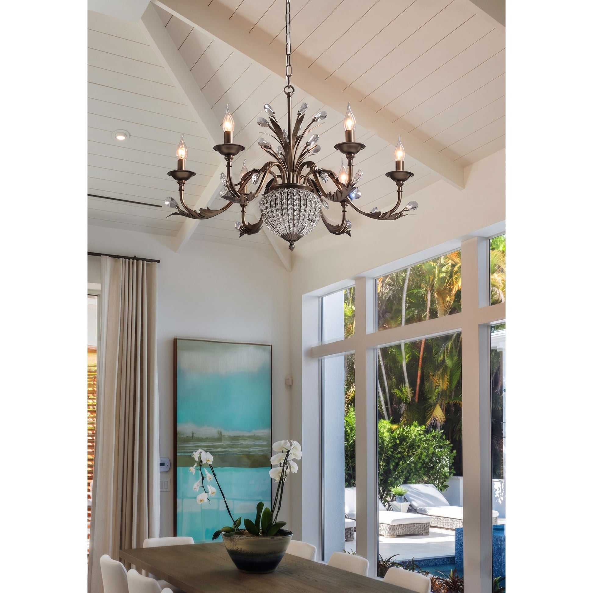 The chandelier shown against a dark background to highlight its form.