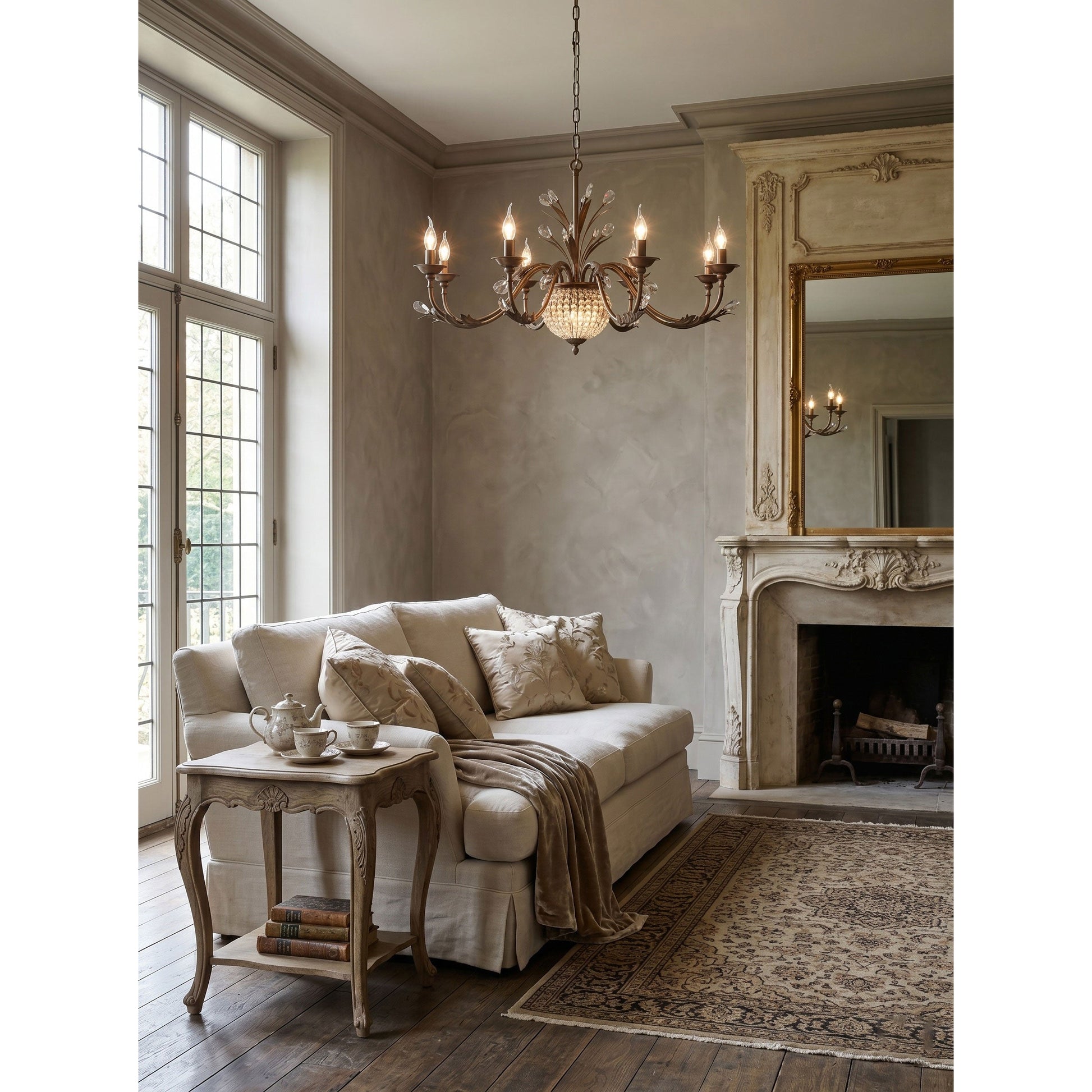 The chandelier casting light patterns on the ceiling.