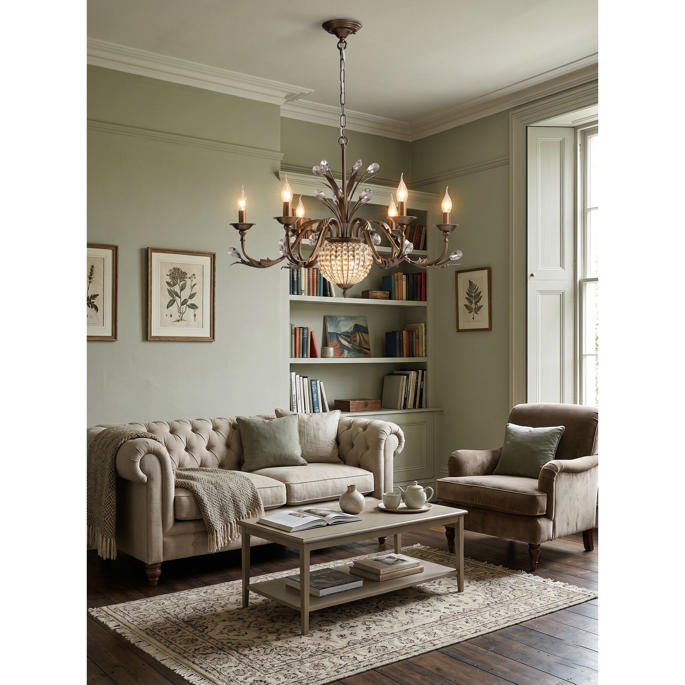 A view of the chandelier in a modern farmhouse living room.
