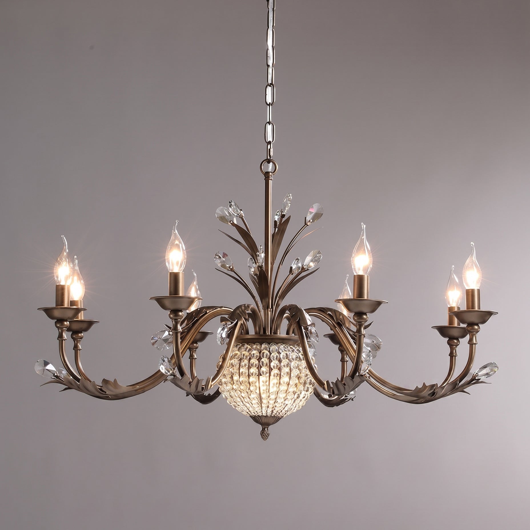 The chandelier shown on a sloped ceiling.