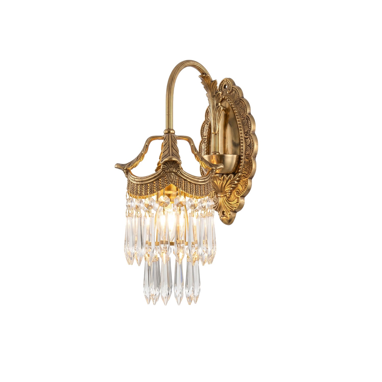 Mayfield Crystal Wall Sconce with an antique brass backplate.