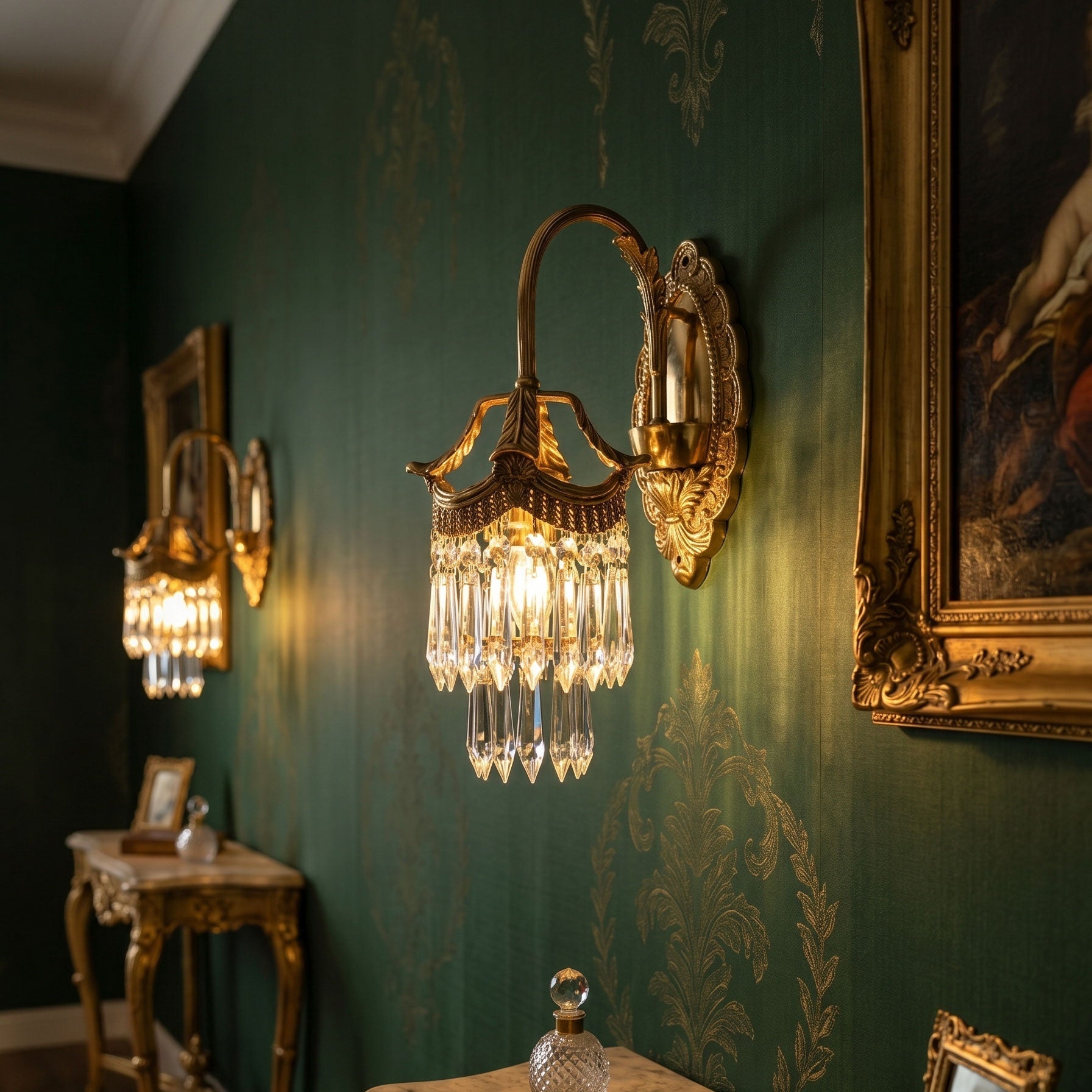 Close-up view of the cascading, faceted crystal prisms on the Mayfield sconce.