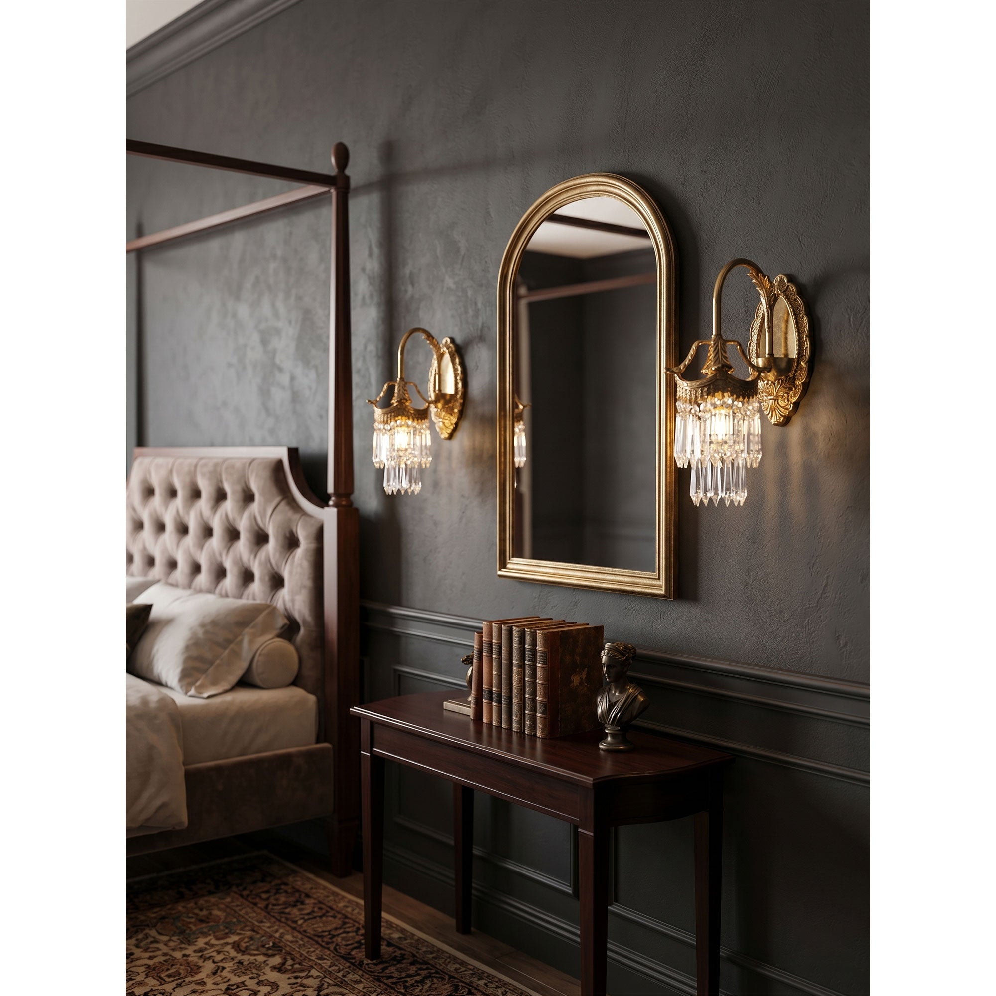 The Mayfield sconce lit up, casting a mesmerizing prismatic glow.