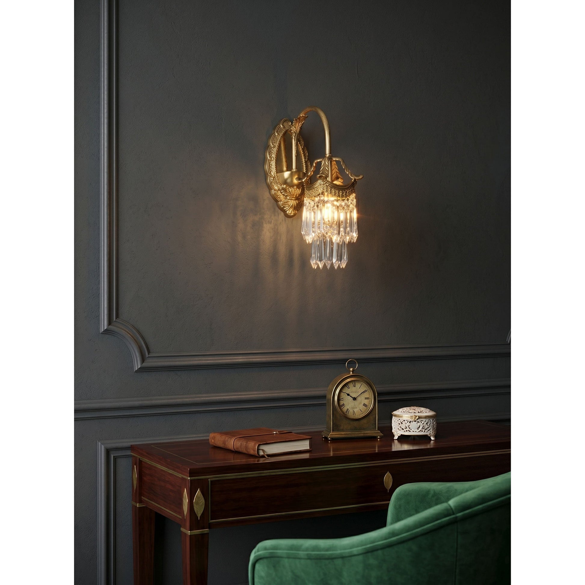Lifestyle image of the sconce in a grandmillennial style bedroom.