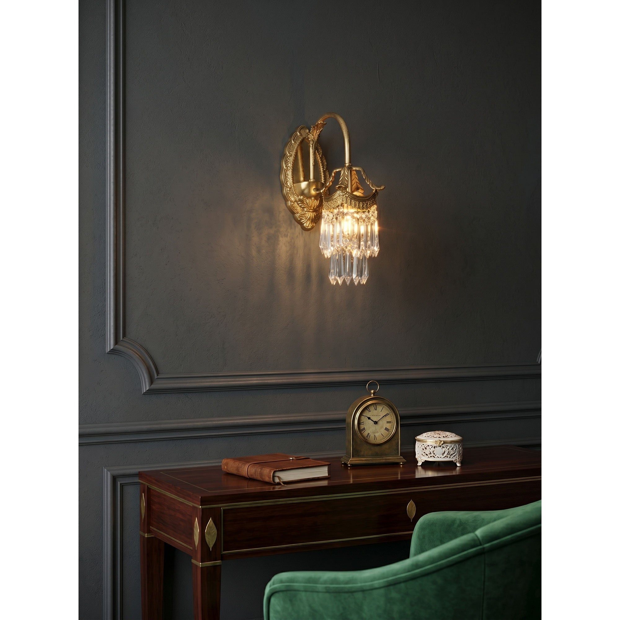 Lifestyle image of the sconce in a grandmillennial style bedroom.
