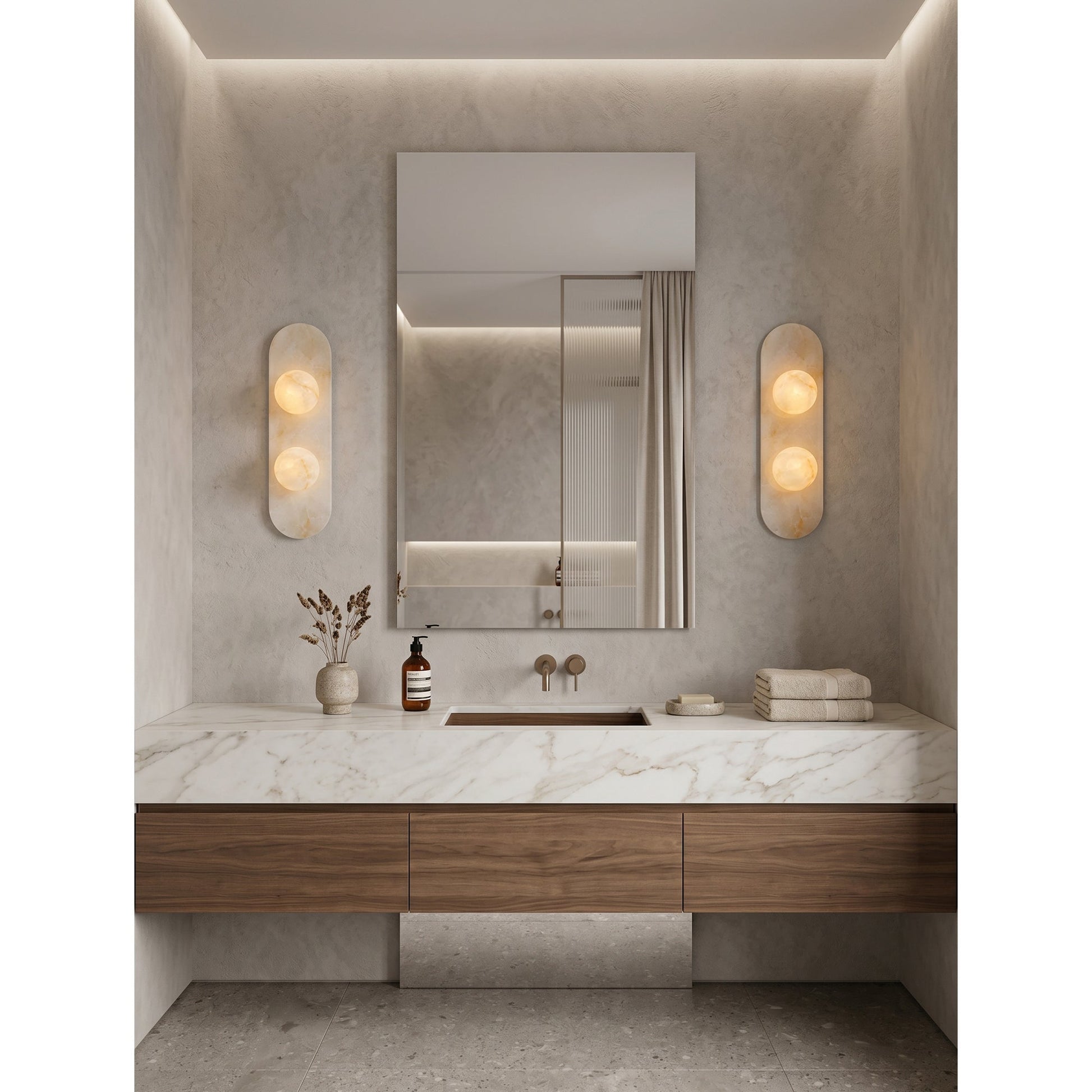 The Modulo Alabaster Wall Sconce in a minimalist Japandi-style interior.