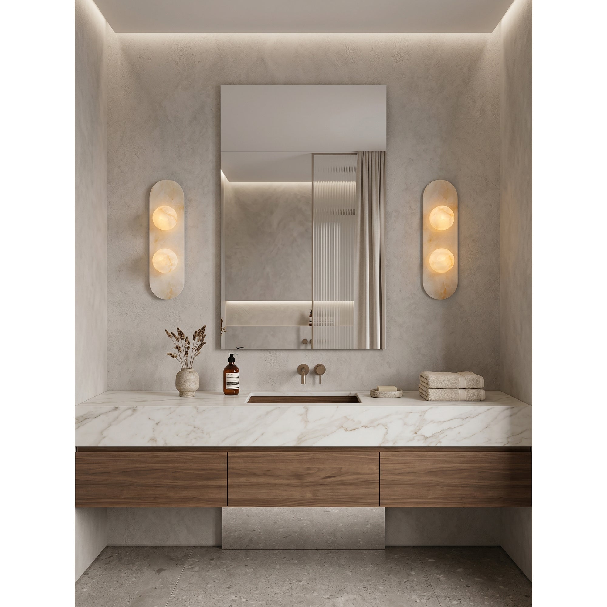 The Modulo Alabaster Wall Sconce in a minimalist Japandi-style interior.