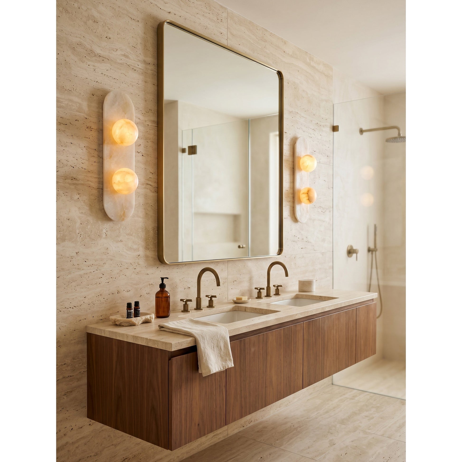 Front-on view of the 2-head Modulo Alabaster Wall Sconce.