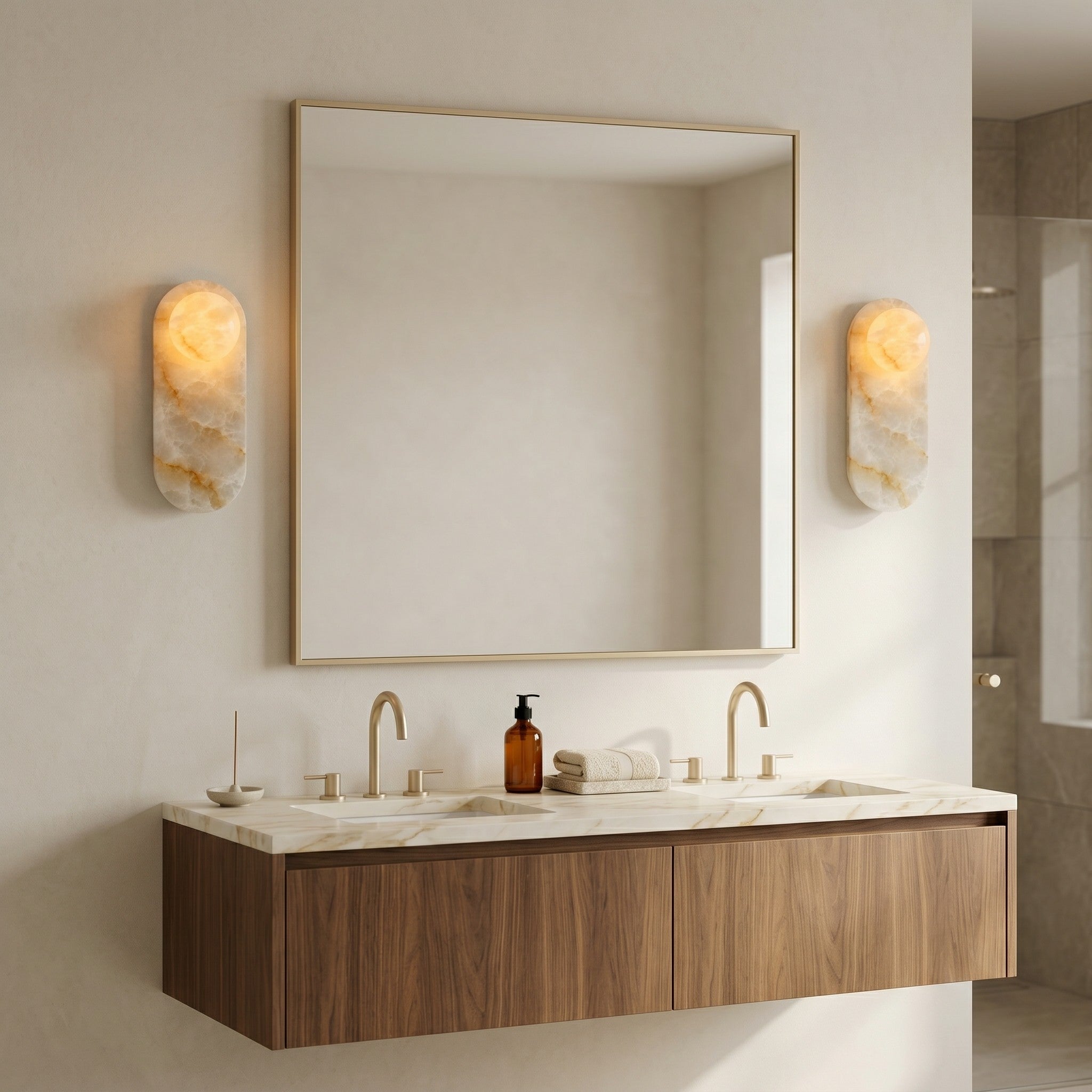 Modulo Alabaster Wall Sconce used as a bedside reading light.