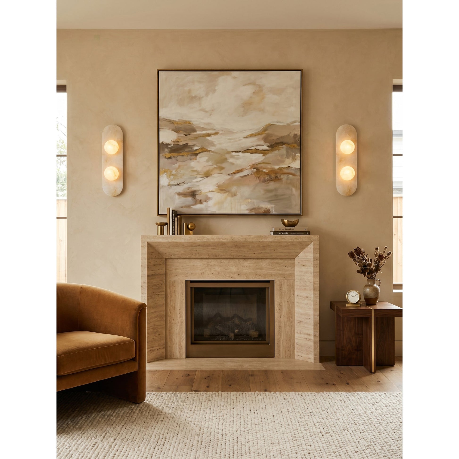 A pair of Modulo Alabaster Wall Sconces flanking a bathroom mirror.