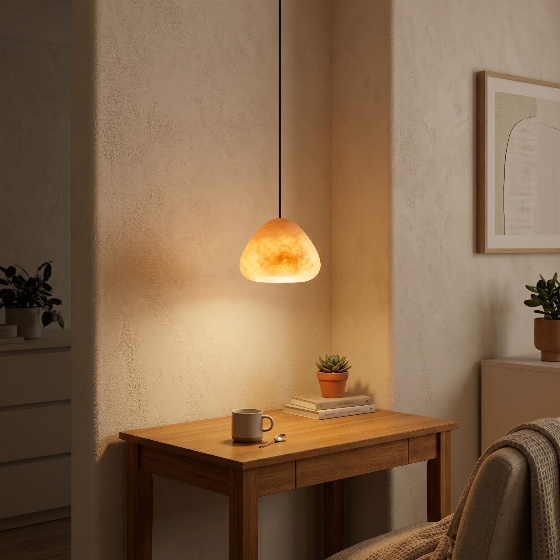 A pair of Morphe pendants used as minimalist bedside lighting.