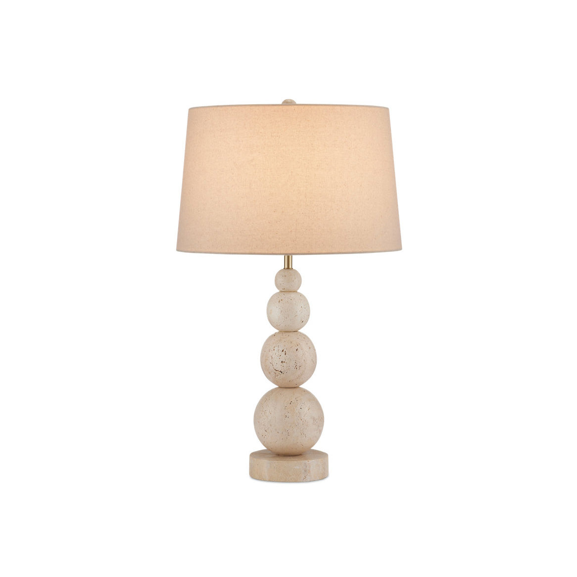 Niobe Table Lamp with travertine stacked-sphere base and linen drum shade.