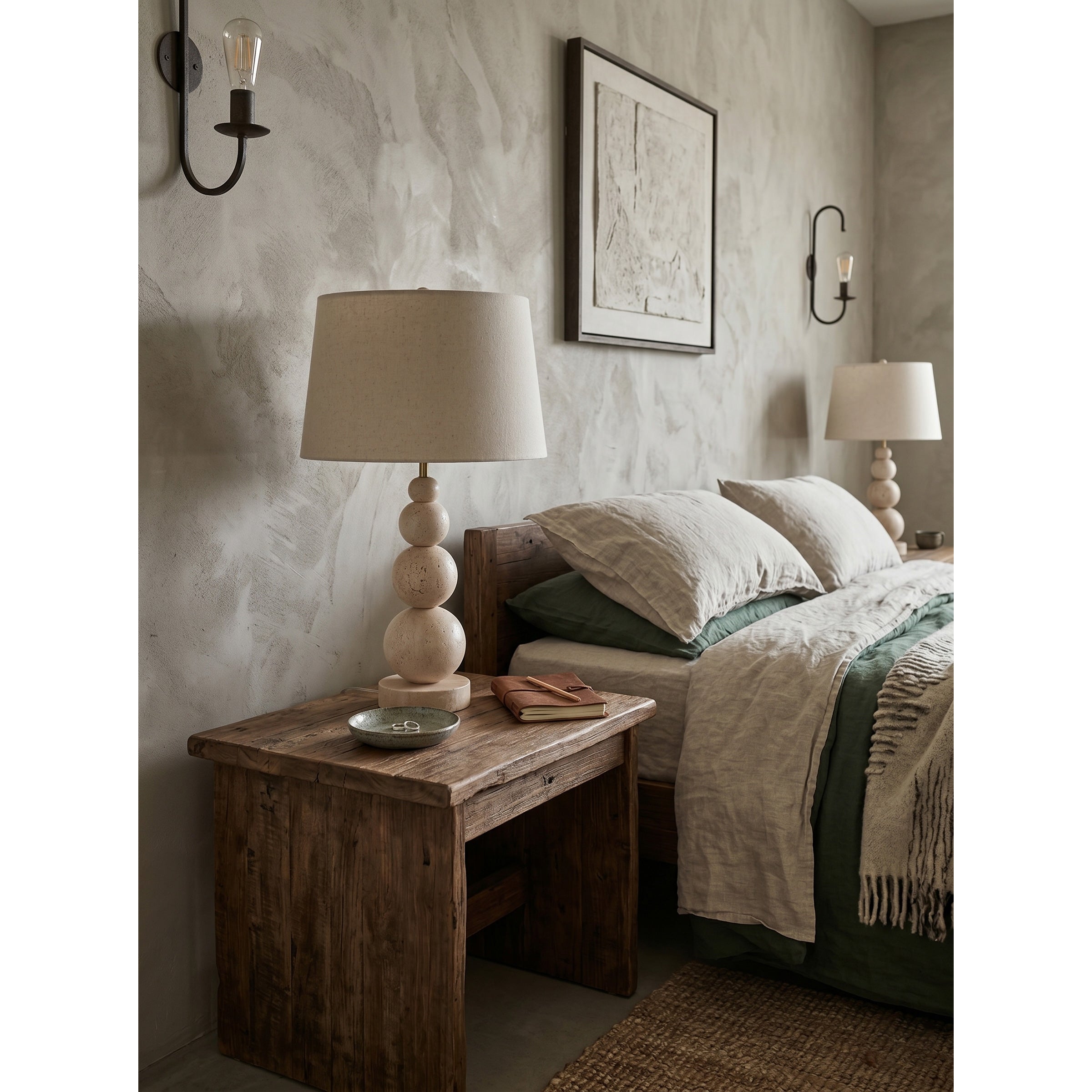 Niobe Table Lamp illuminating a serene bedroom nightstand.