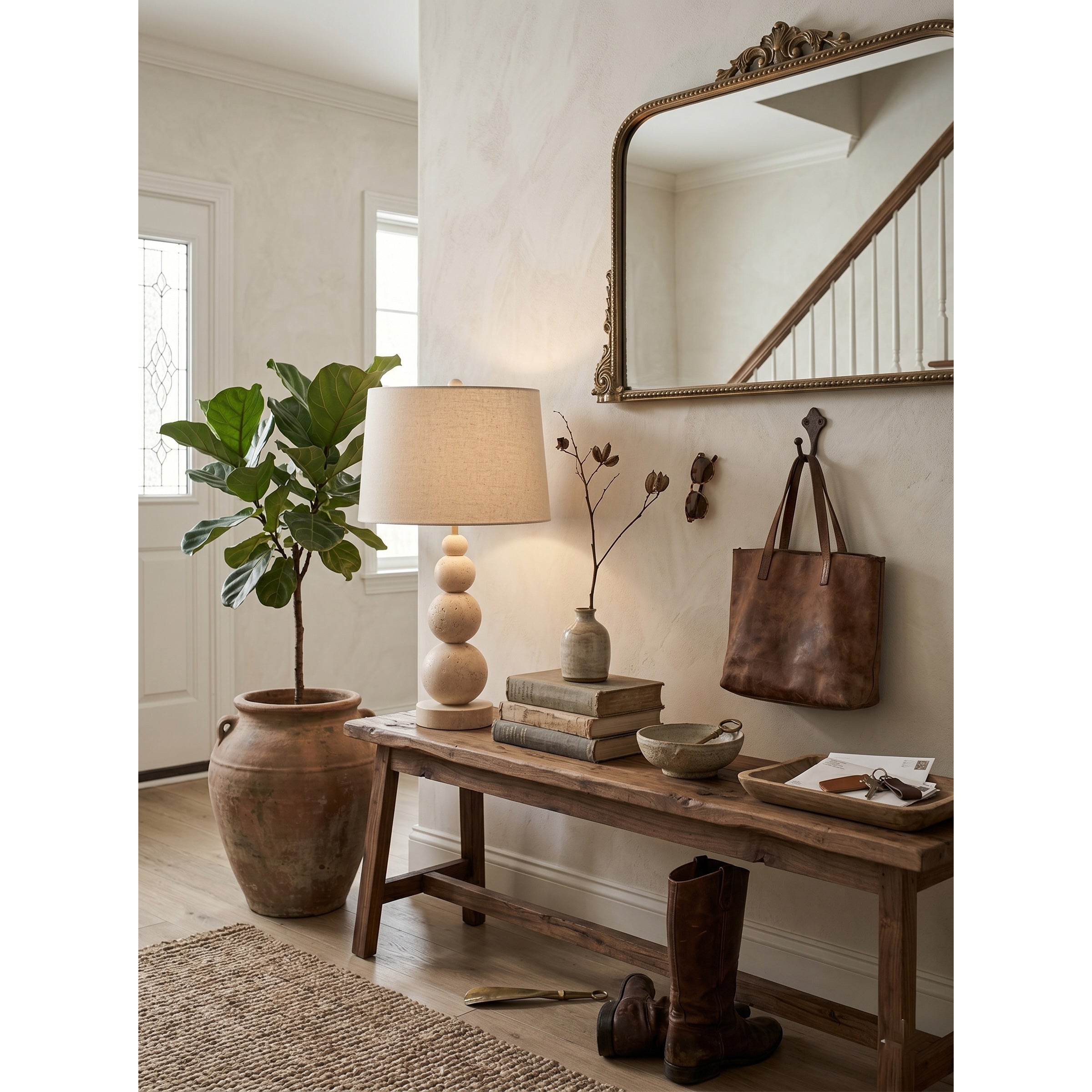 The sculptural totem base of the Niobe Table Lamp.