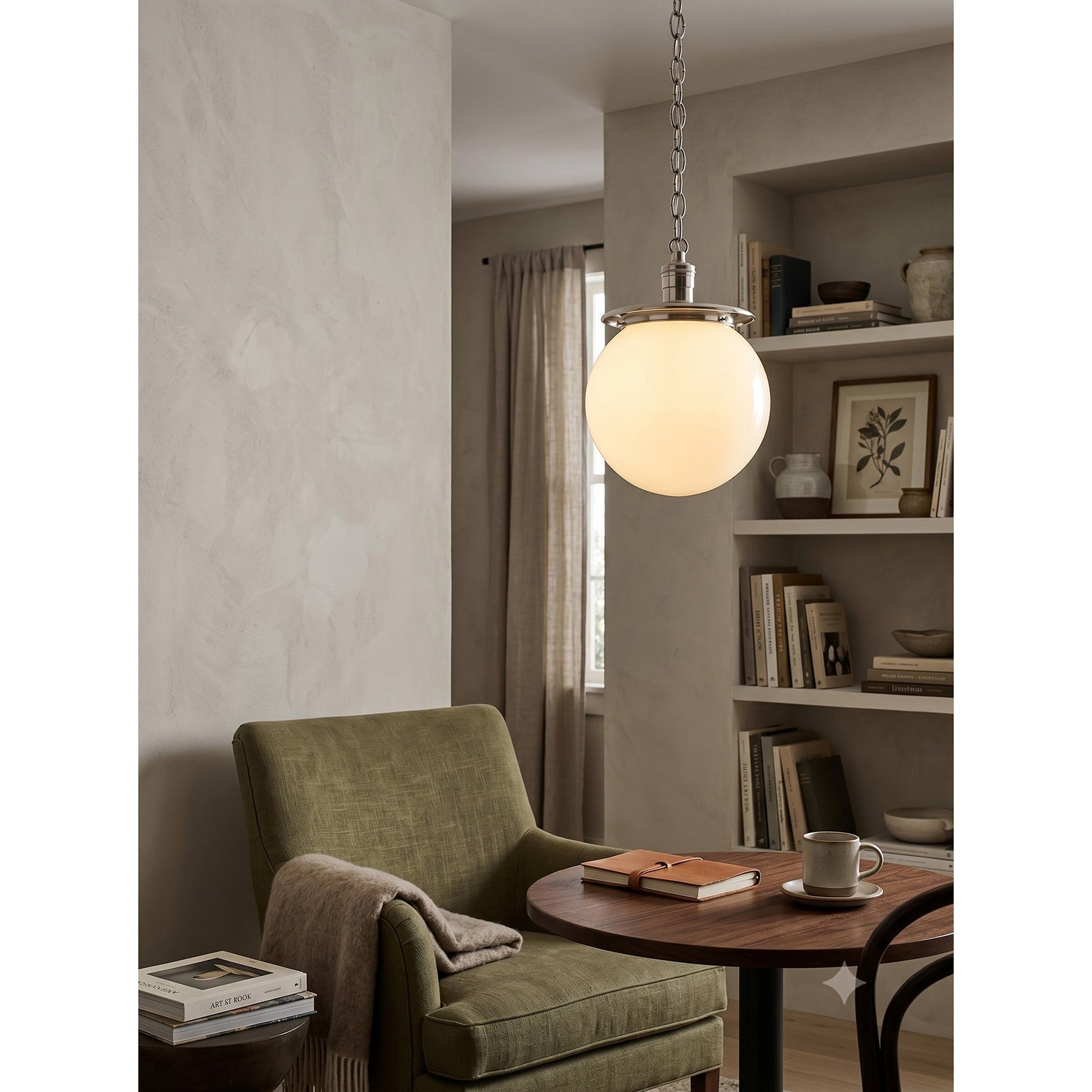 Lifestyle image of the Nolan pendant in a moody powder room.