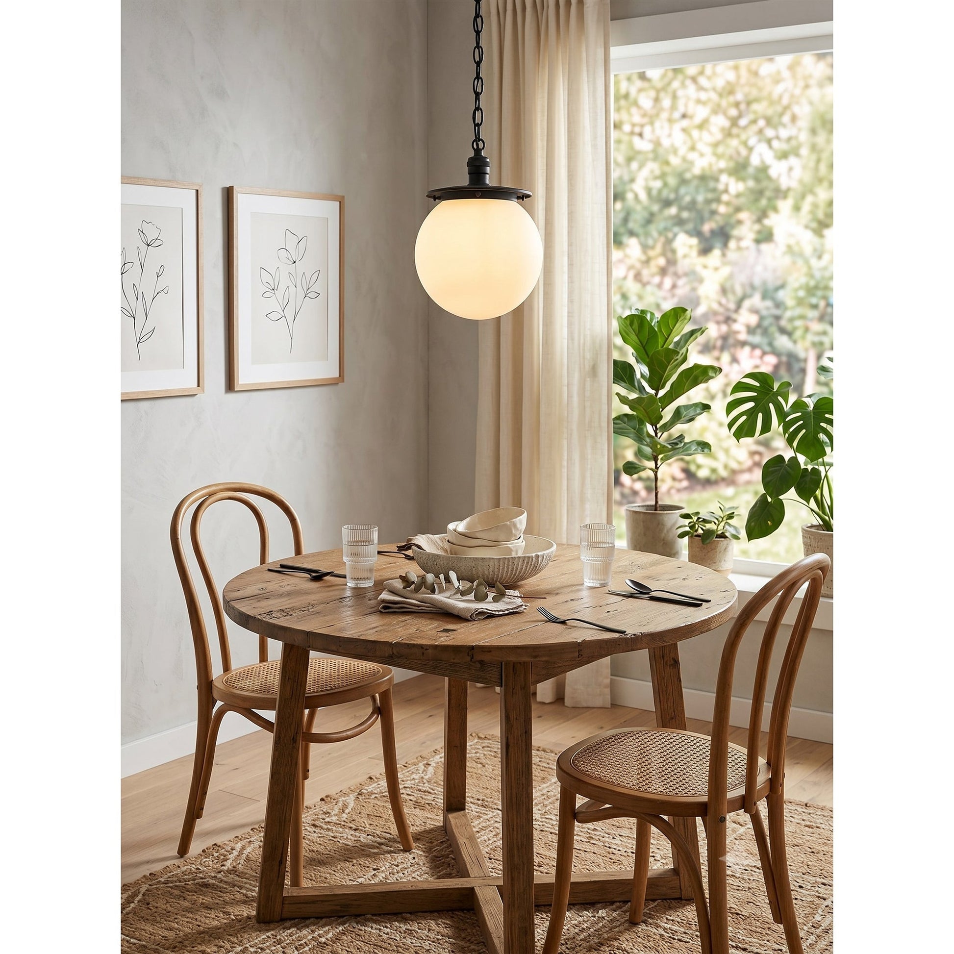 The Nolan Globe Pendant shown against a dark wall.