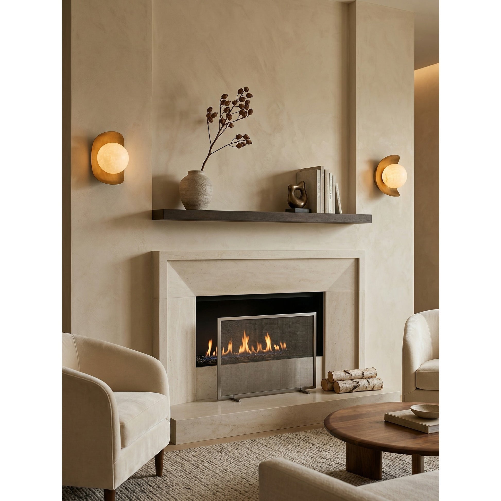 Unlit view of the sconce to showcase the brass and alabaster materials.
