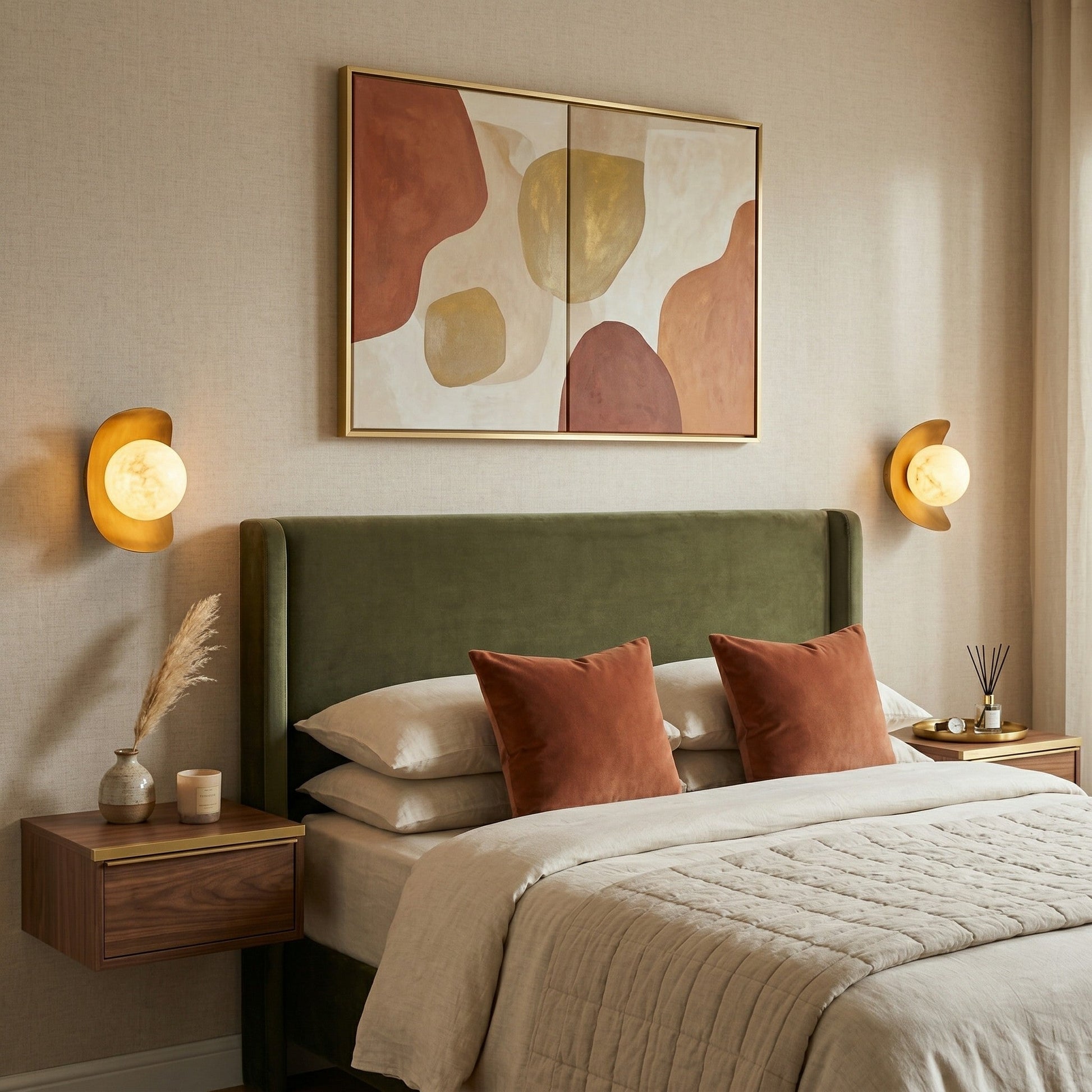 The wall sconce used as a bedside reading light in a Japandi-style bedroom.