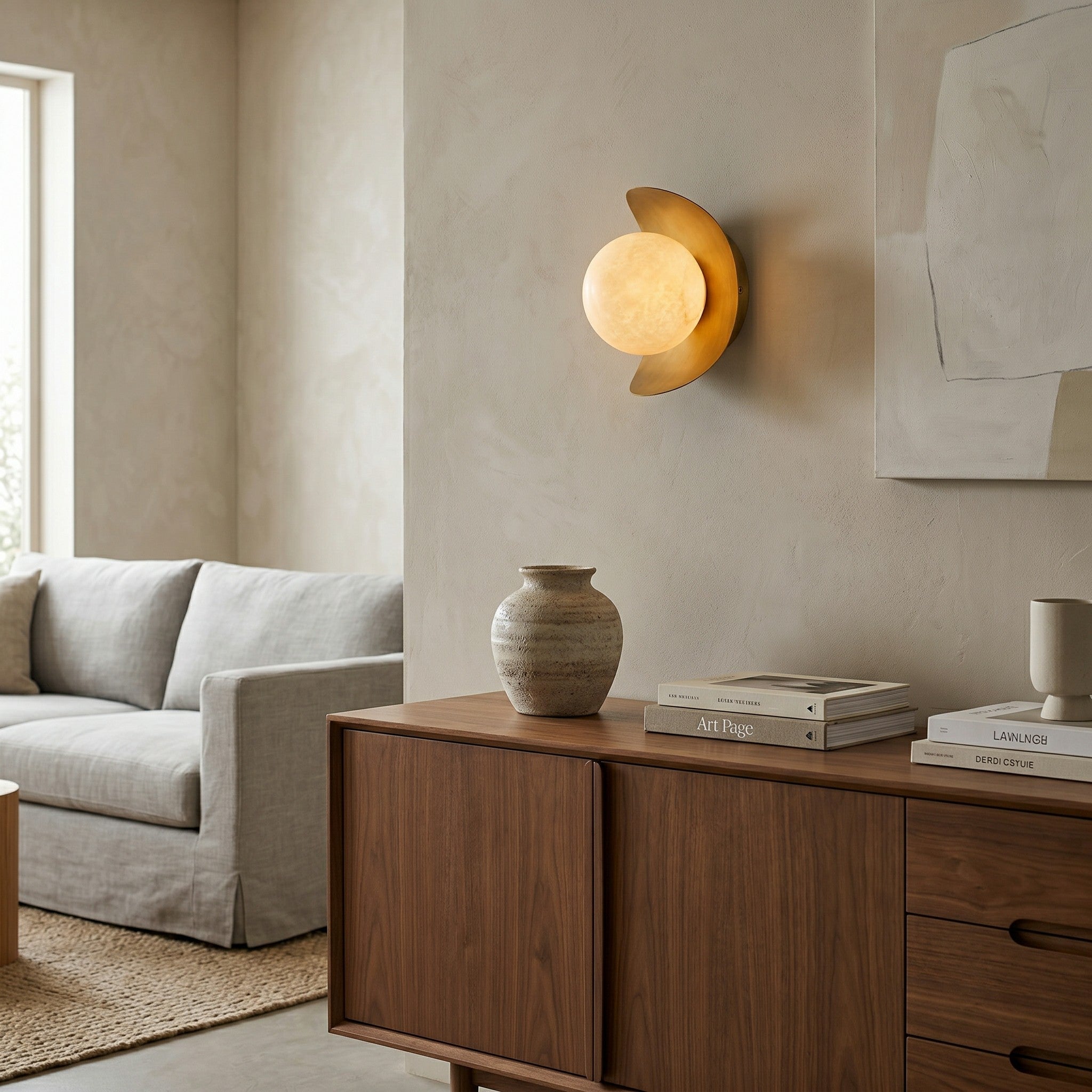 Side profile of the Nouvel Alabaster Wall Sconce against a neutral wall.