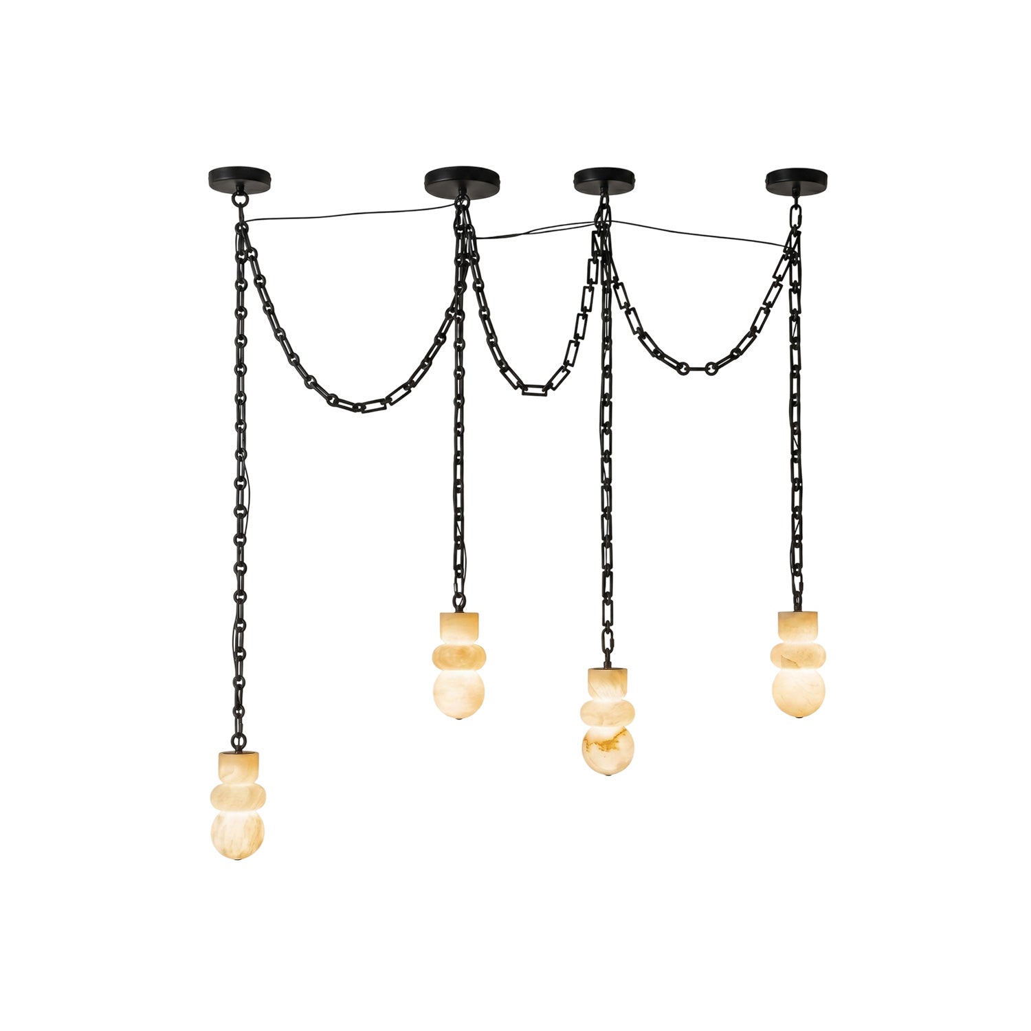 Orba Chain Alabaster Chandelier with multiple pendants in a living room.
