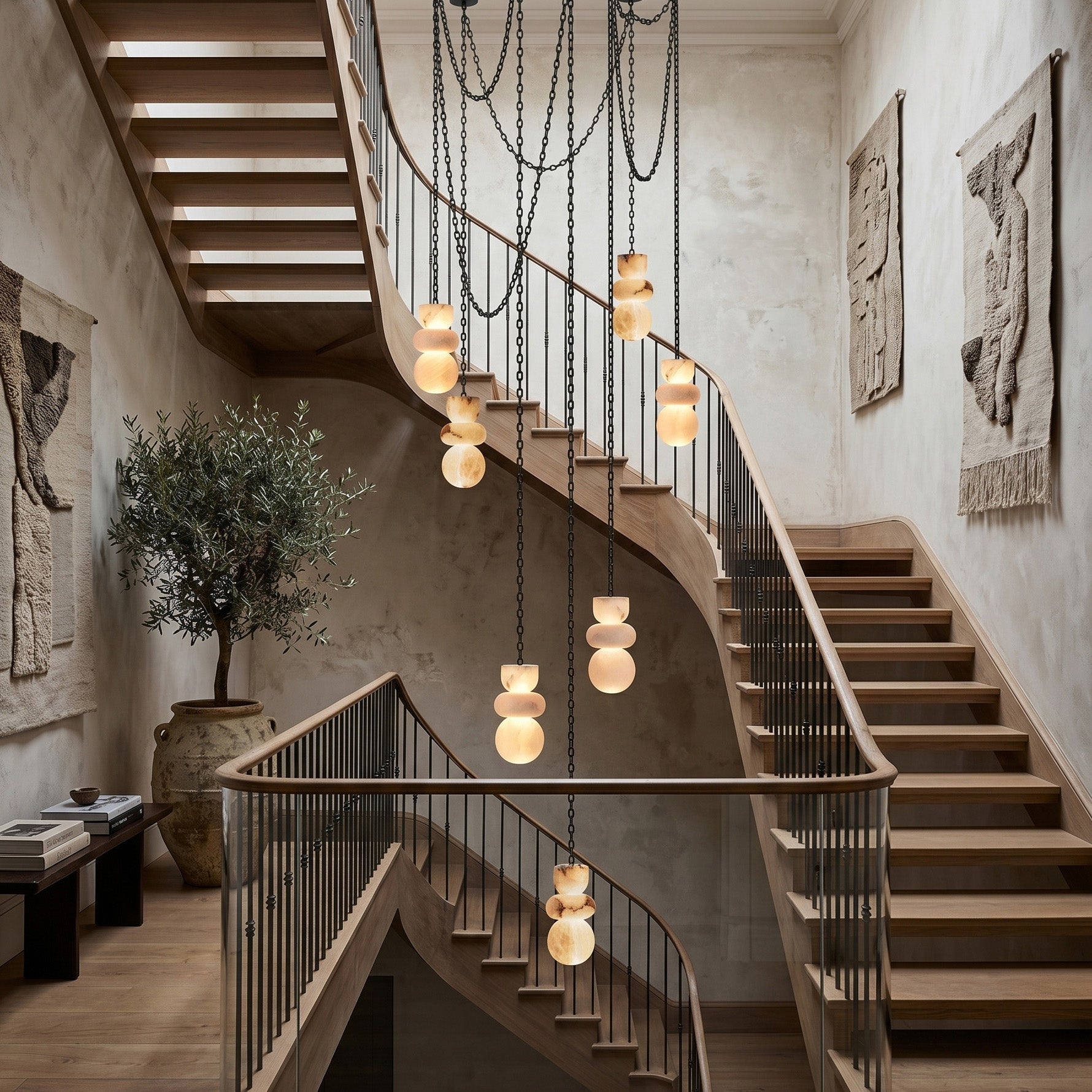 Close-up of a single glowing alabaster orb on the Orba chandelier.