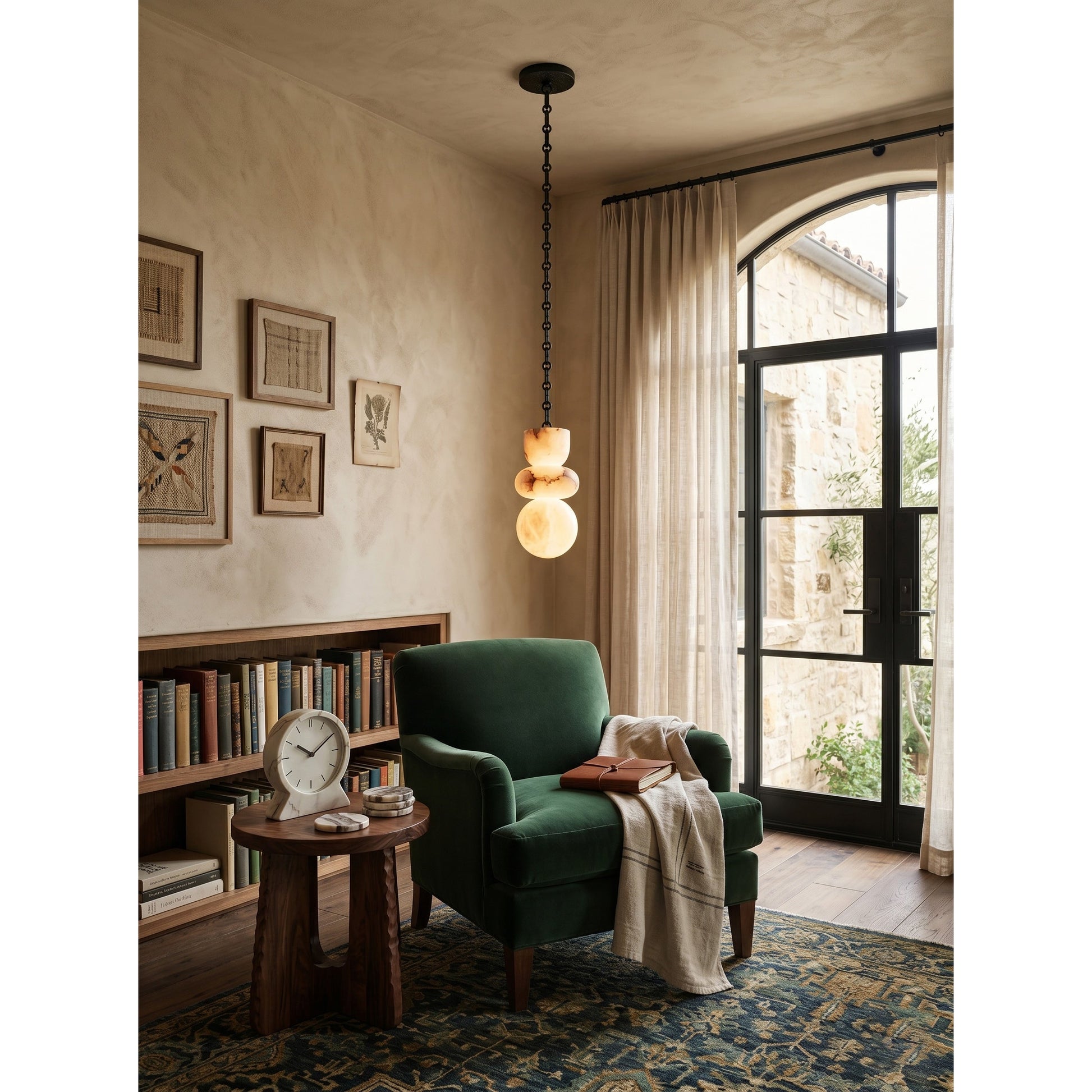 Full view of a multi-pendant Orba Chain Alabaster Chandelier.