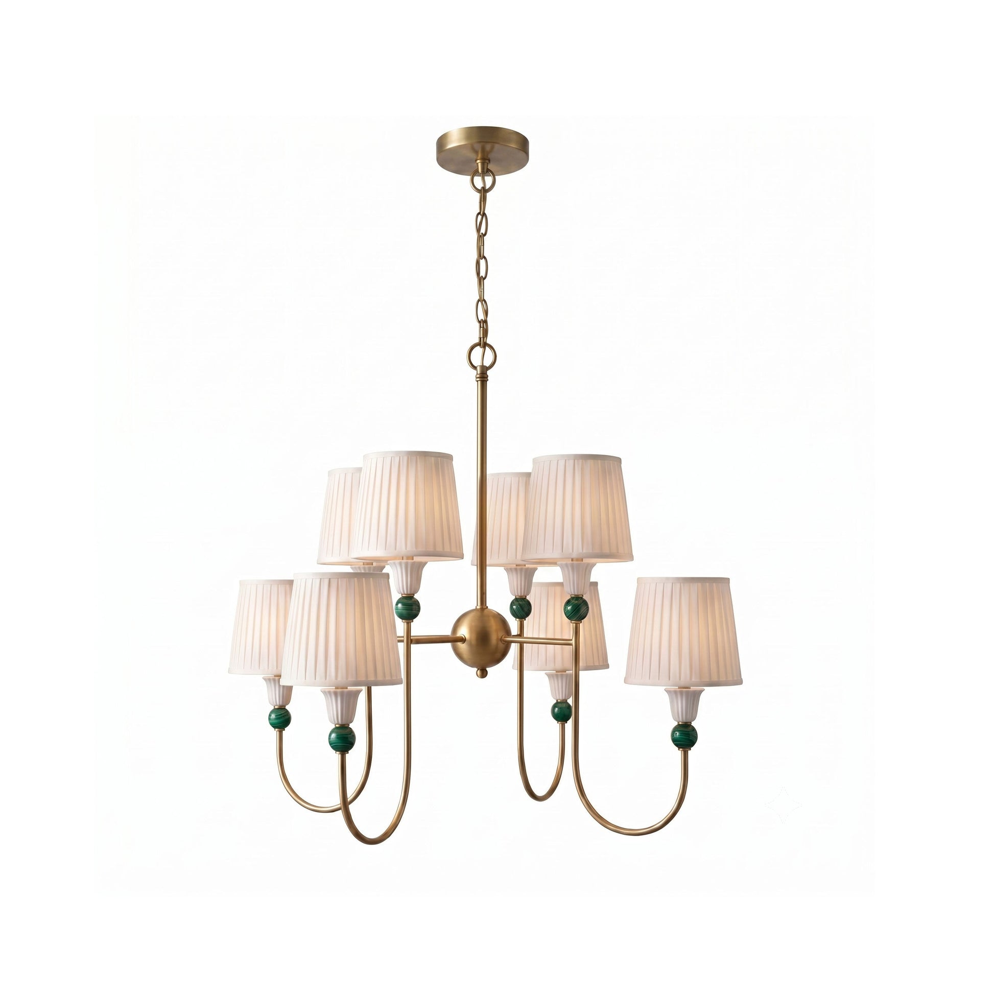 Palmer Chandelier with antique brass finish and pleated fabric shades.