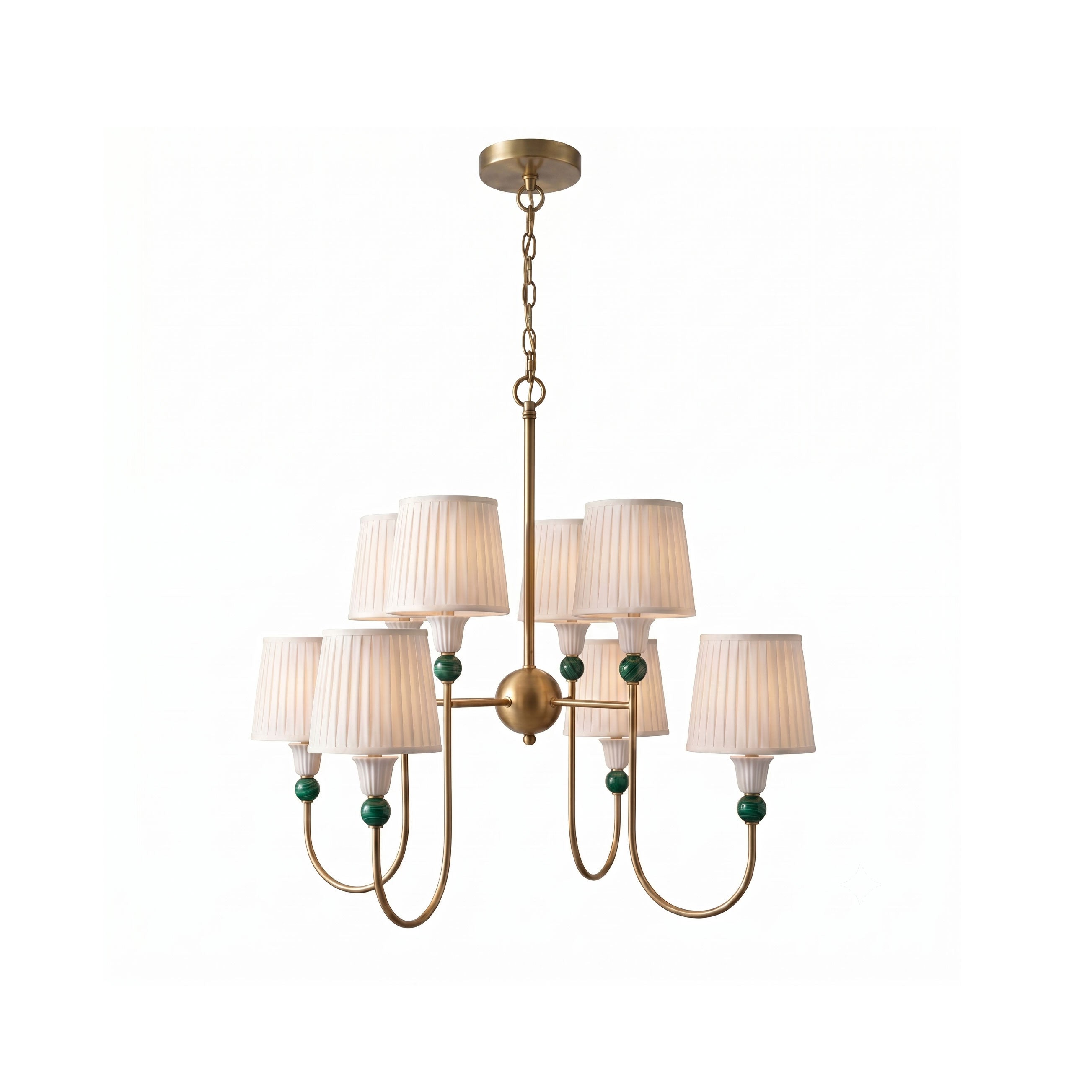 Palmer Chandelier with antique brass finish and pleated fabric shades.
