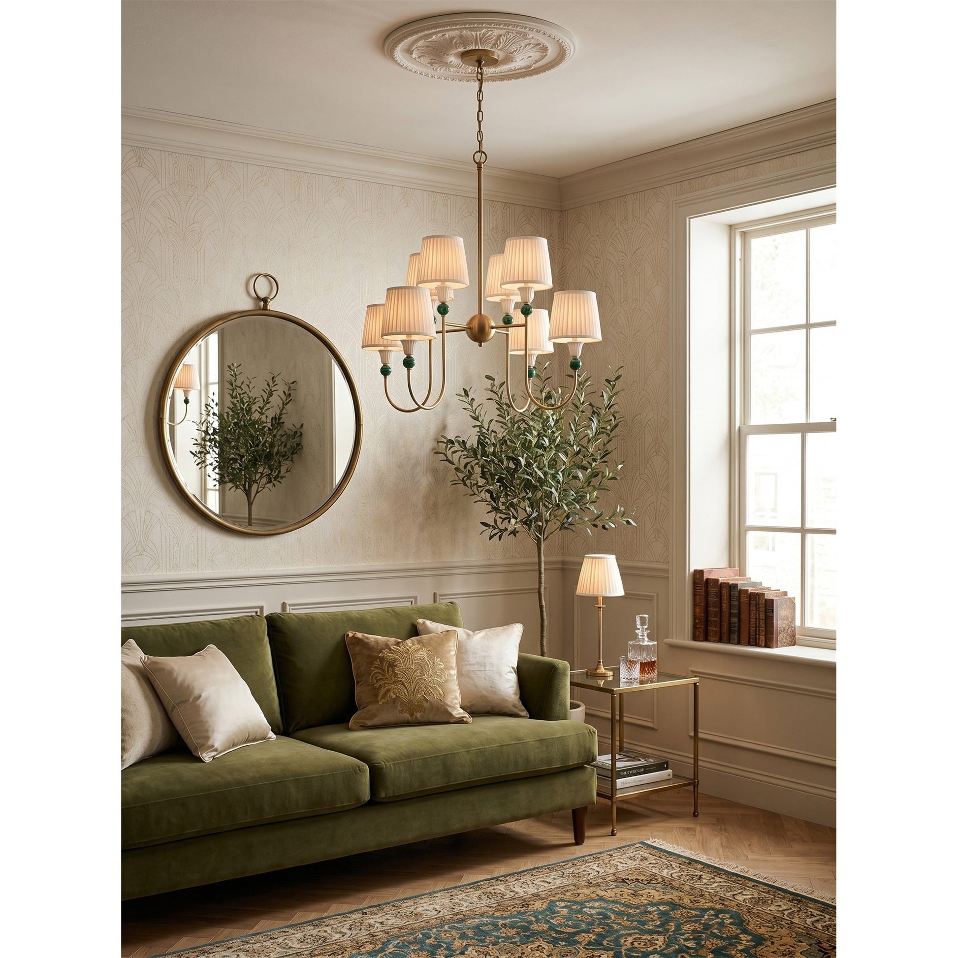 The adjustable chain and ceiling canopy in antique brass finish.