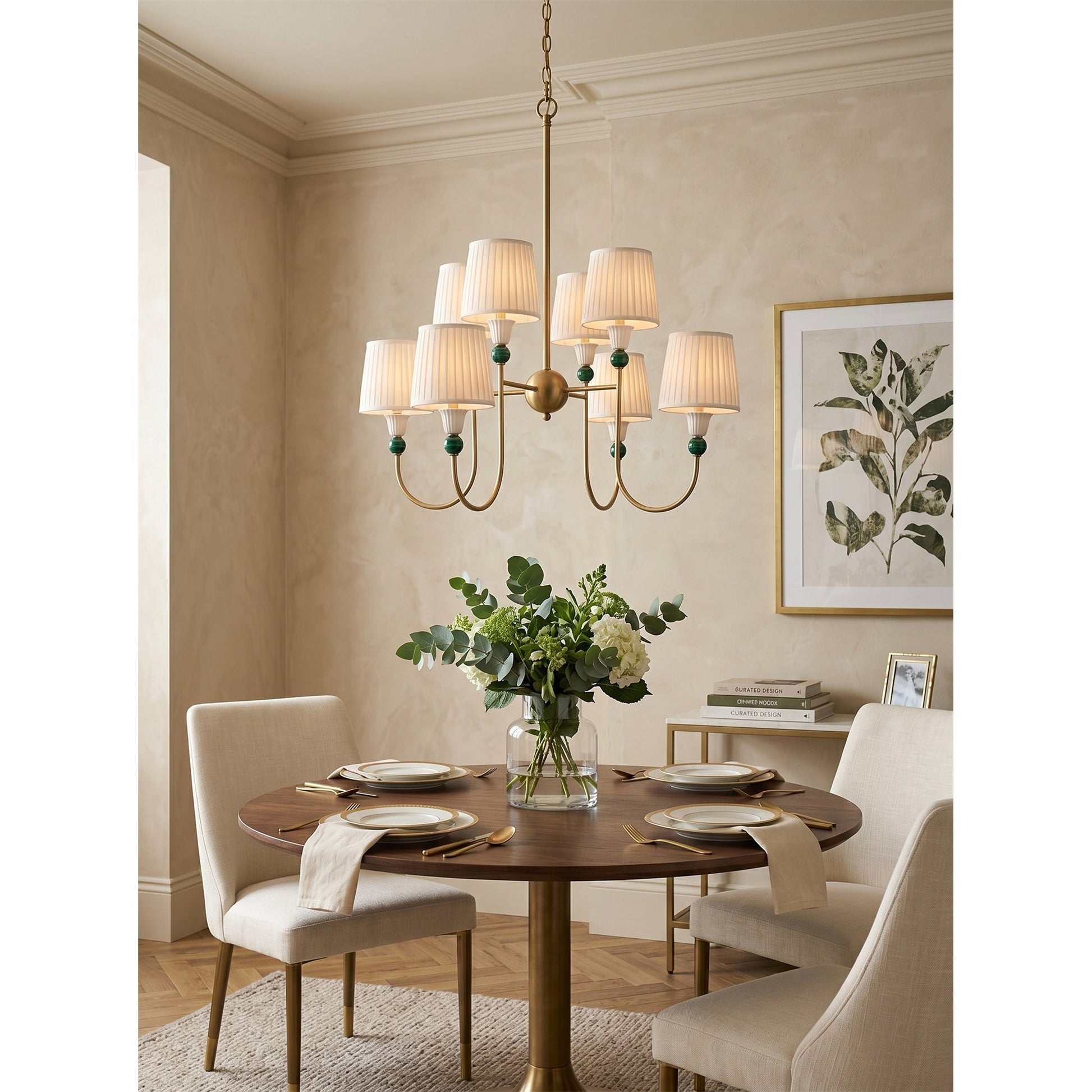 The Palmer Chandelier illuminating a formal dining room table.