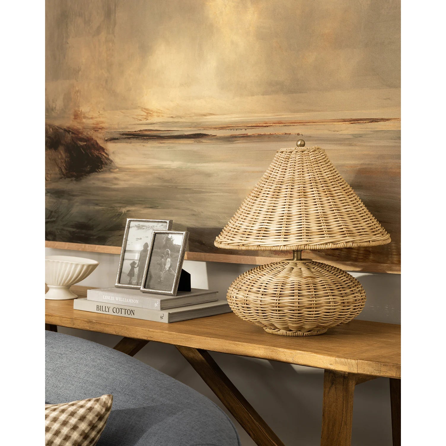 Top-down view of the woven dome shade of the Palmetto lamp.