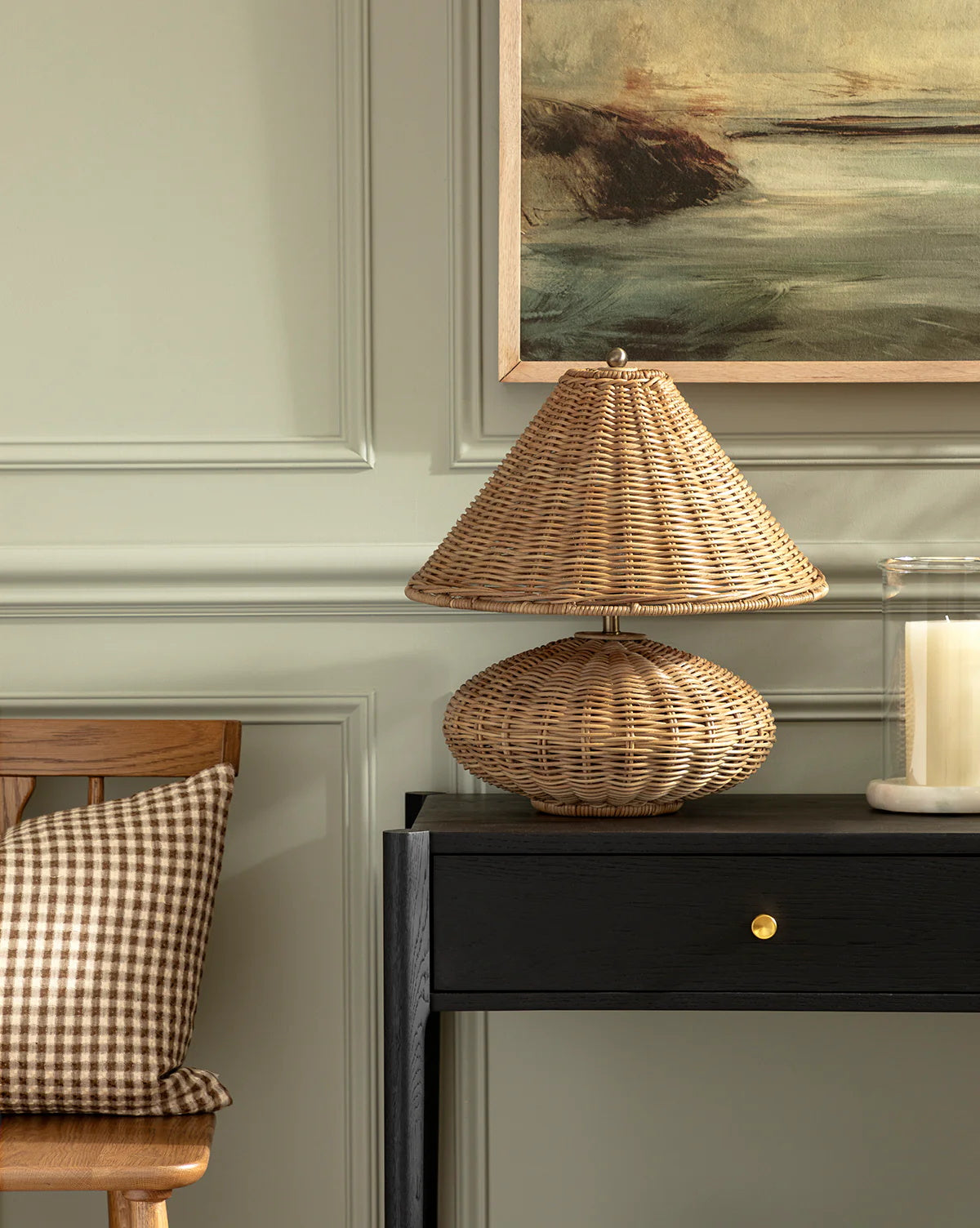Close-up of the hand-woven rattan texture on the Palmetto Table Lamp.