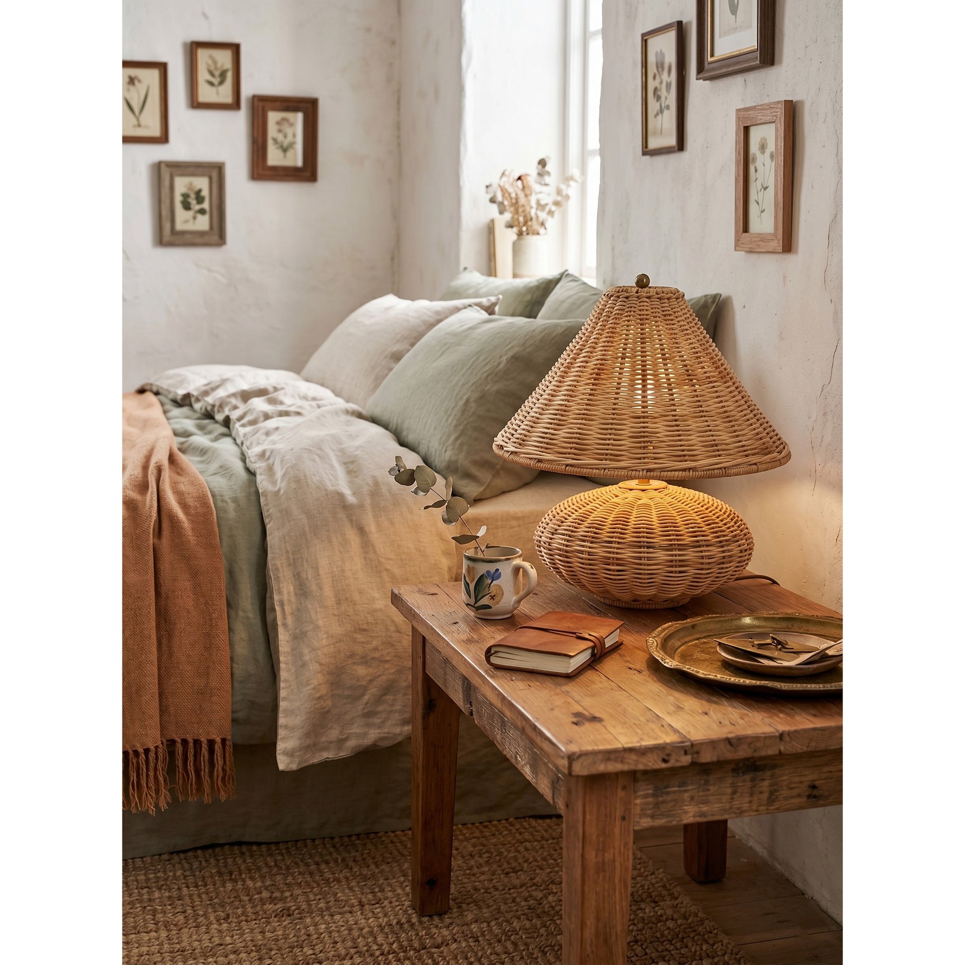 Detail view of the softly contoured wicker base of the Palmetto lamp.