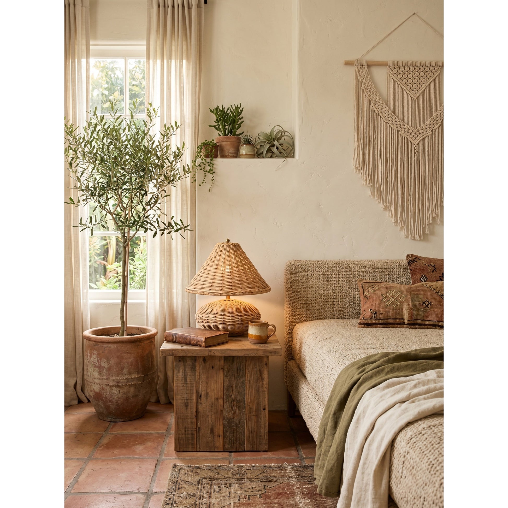 The unique mushroom silhouette of the Palmetto Rattan Table Lamp.