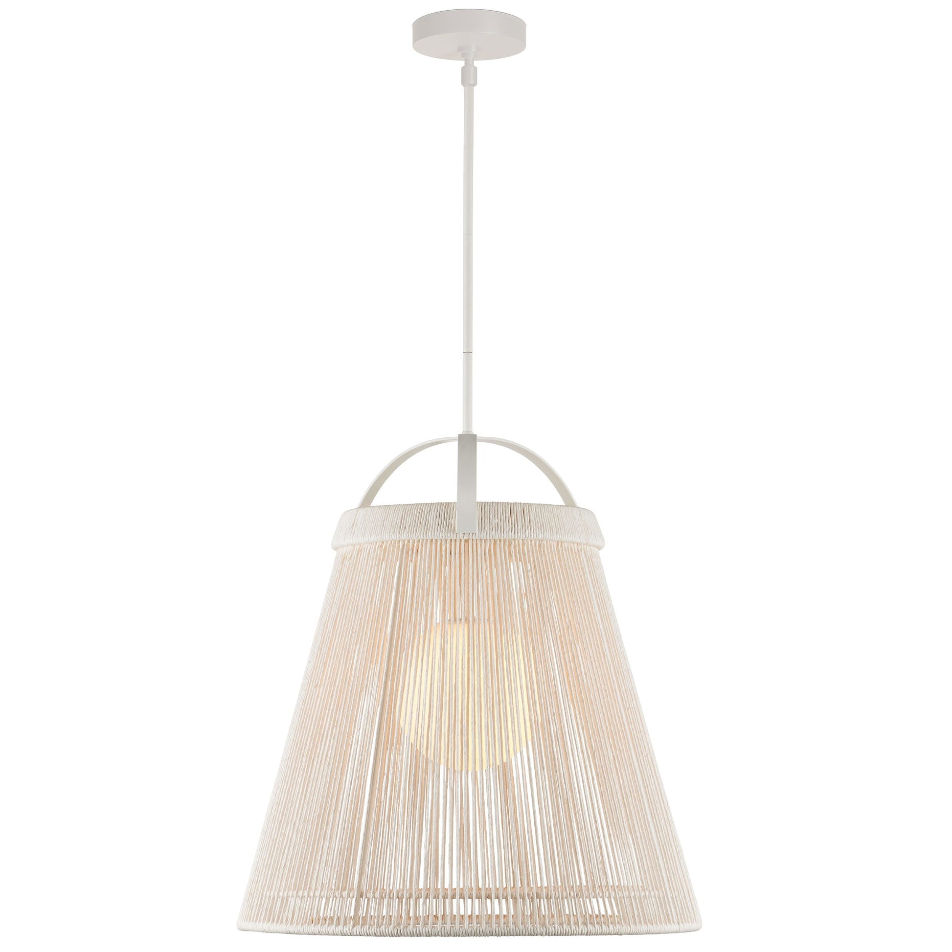 The off-white pendant lamp unlit in a bright room.