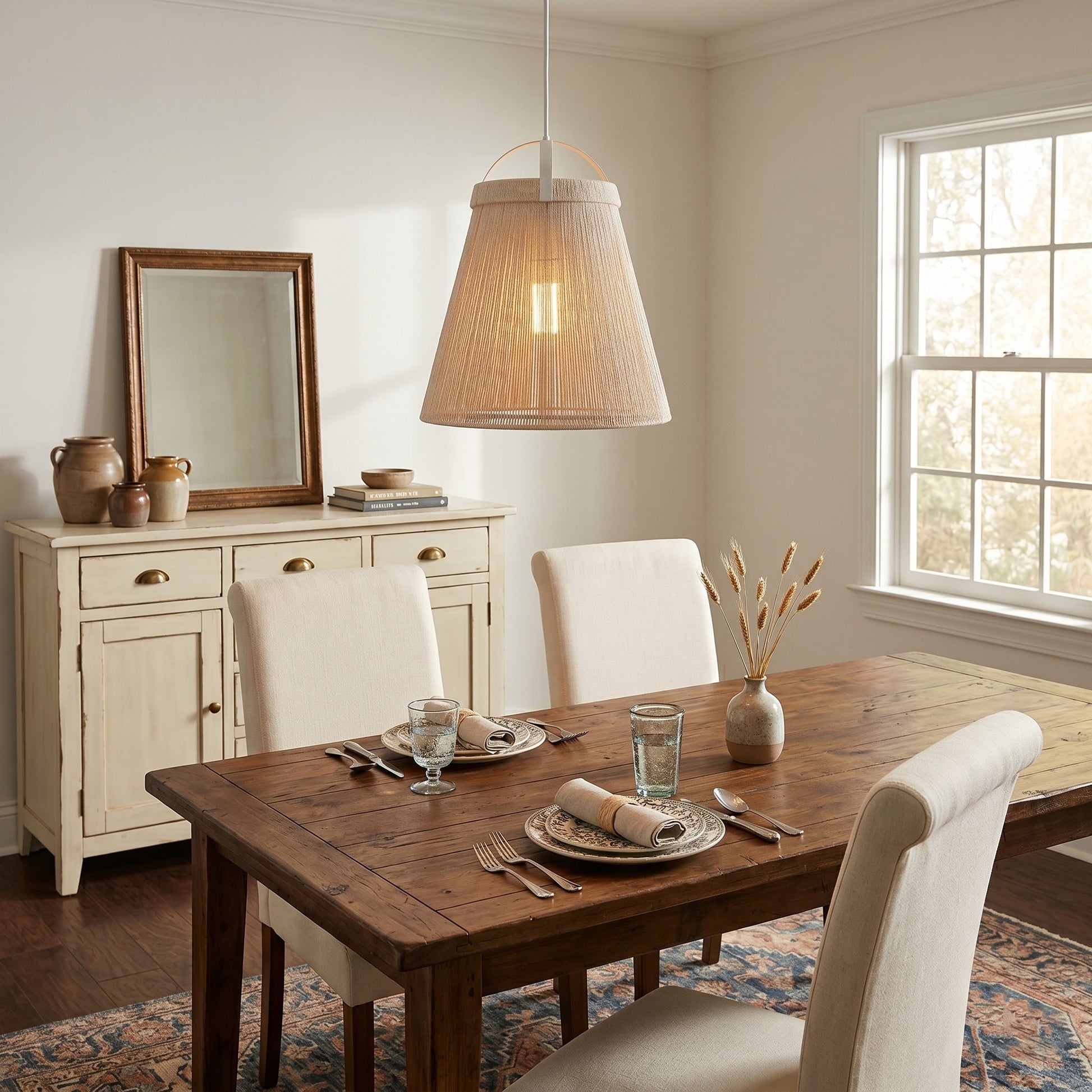The pendant lamp casting a warm glow in a living room.