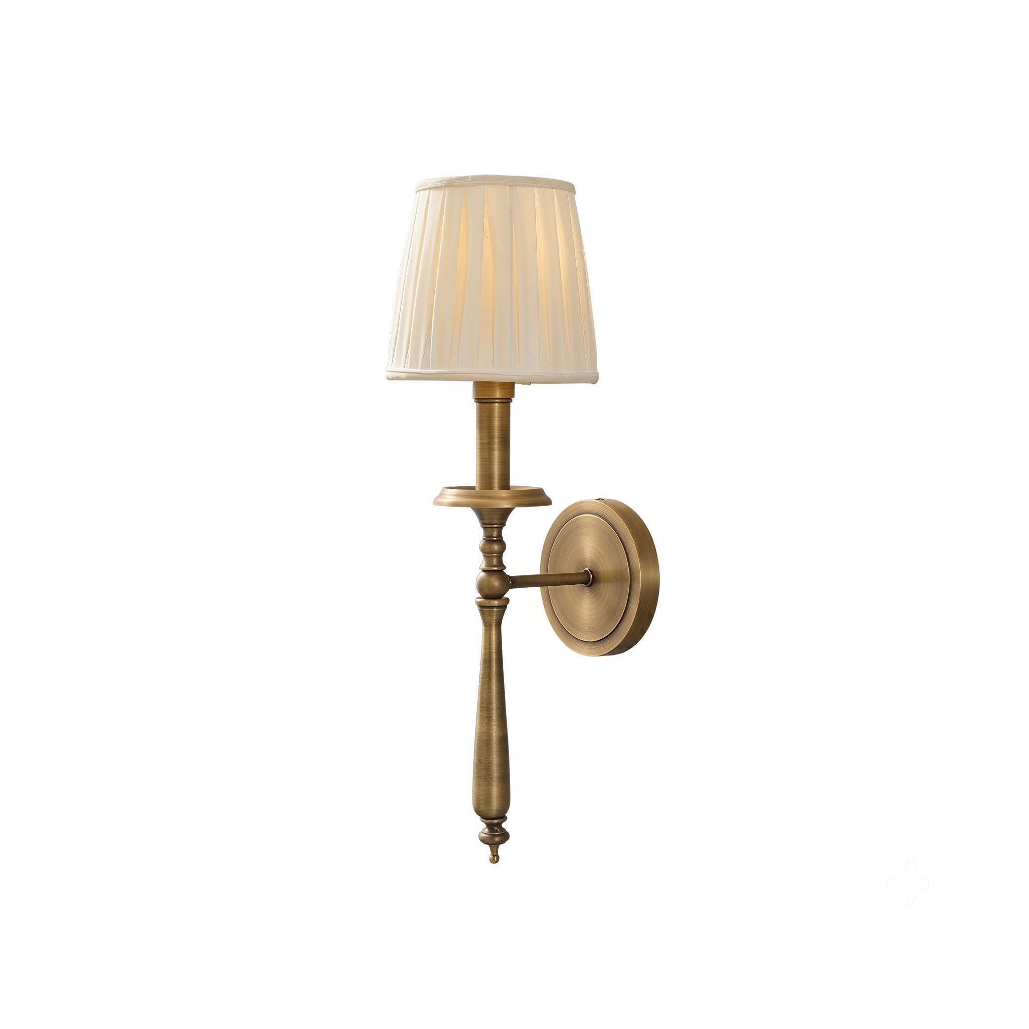 Payson Brass Wall Sconce with a pleated fabric shade against a plain background.