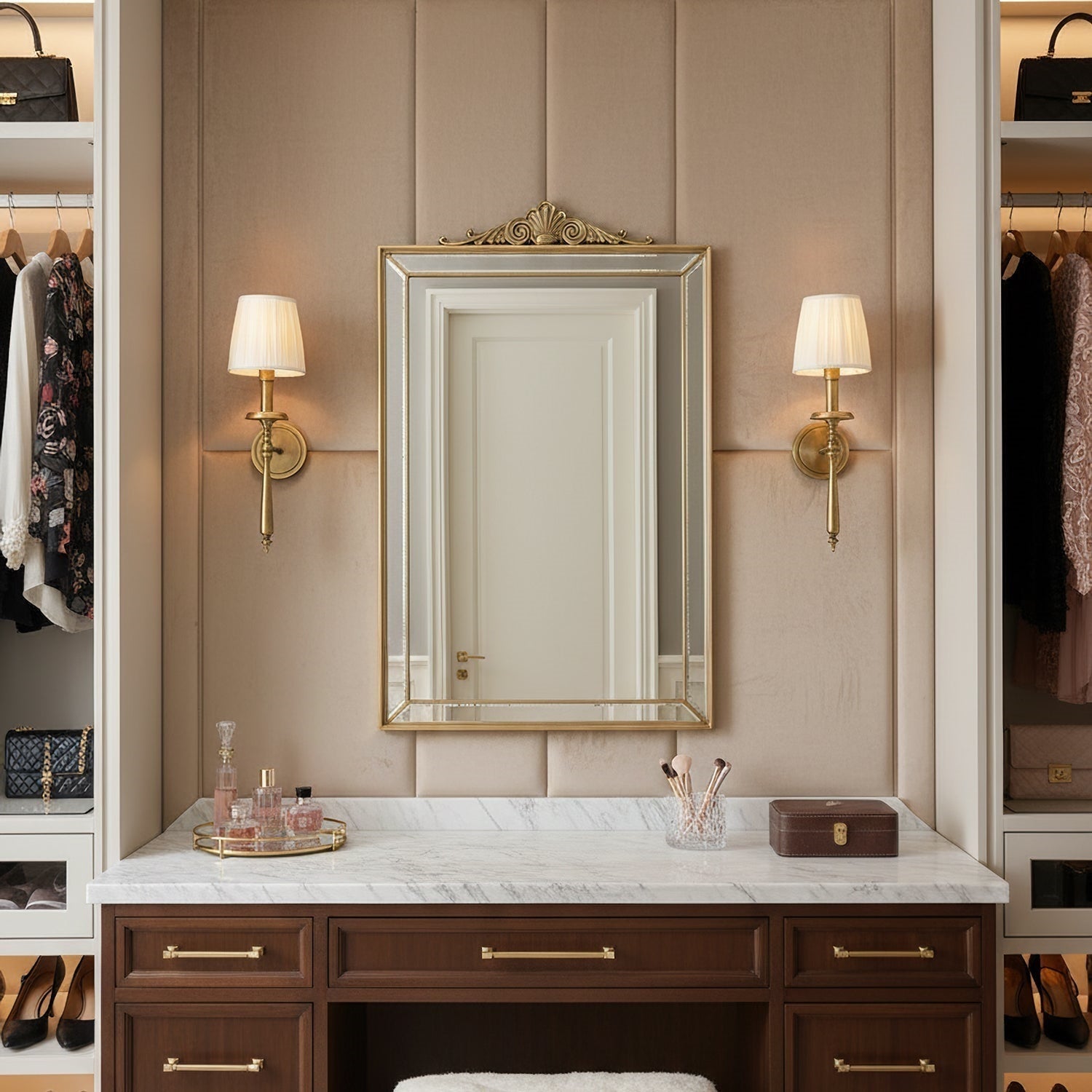 The sconce illuminated, showing the warm glow through the fabric shade.
