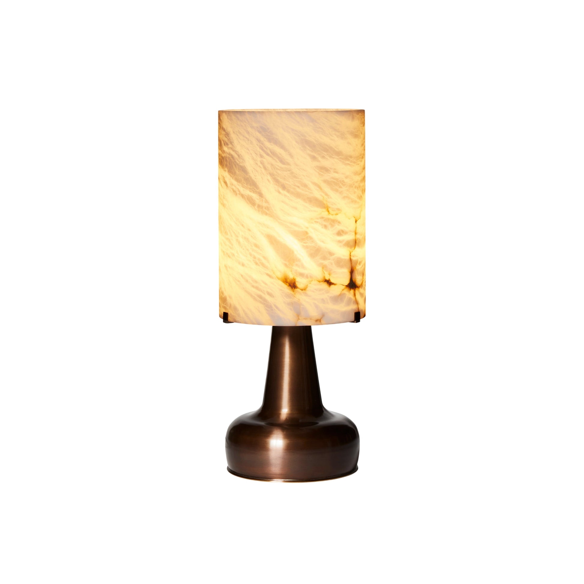 Pear-shaped alabaster table lamp with a rose gold base, shown against a neutral background.