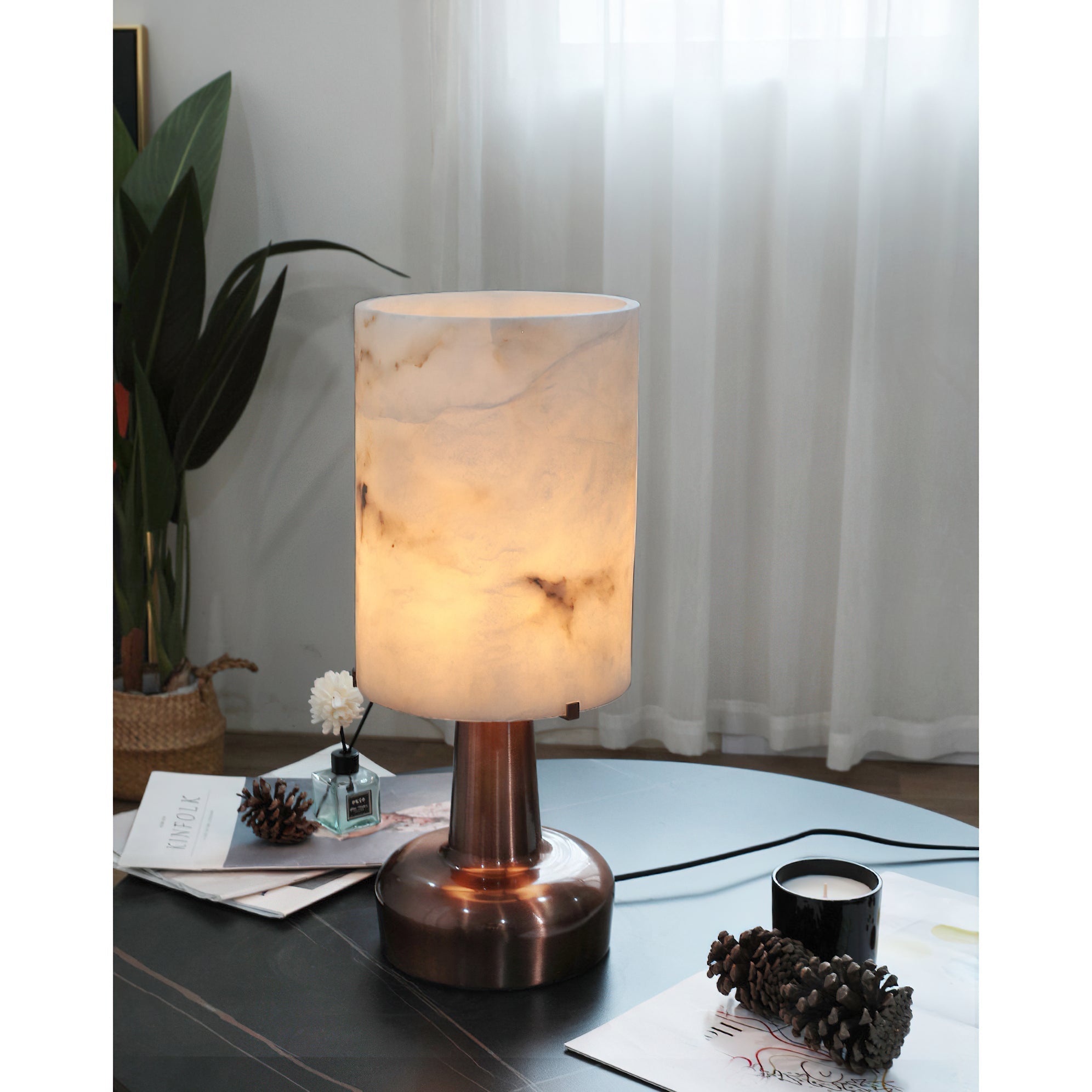 The lamp in a dimly lit room, creating a moody ambiance.