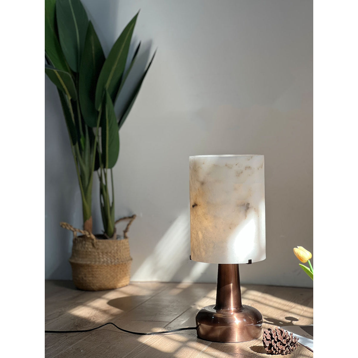 Another perspective of the lamp on a modern side table.