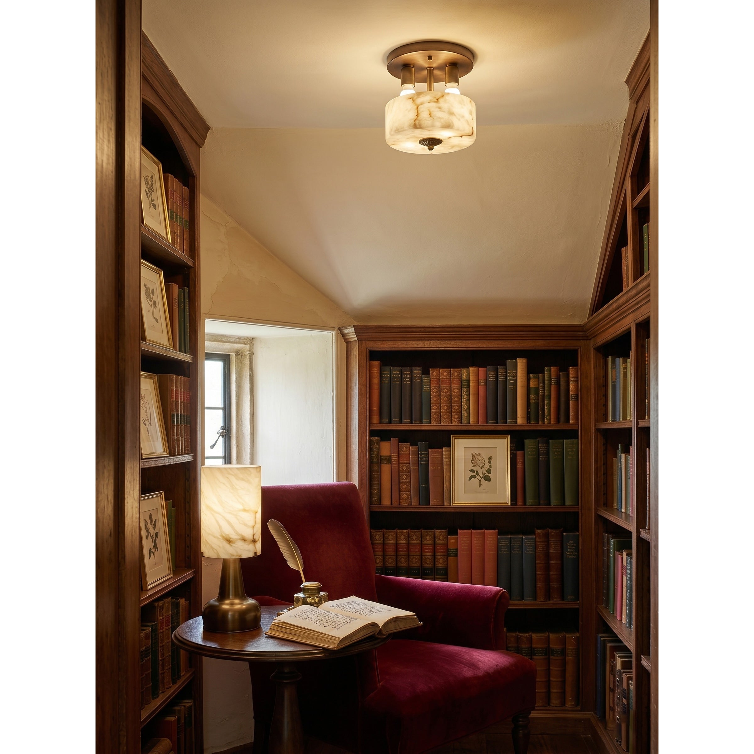 The alabaster table lamp turned on, emitting a warm, dreamy glow.