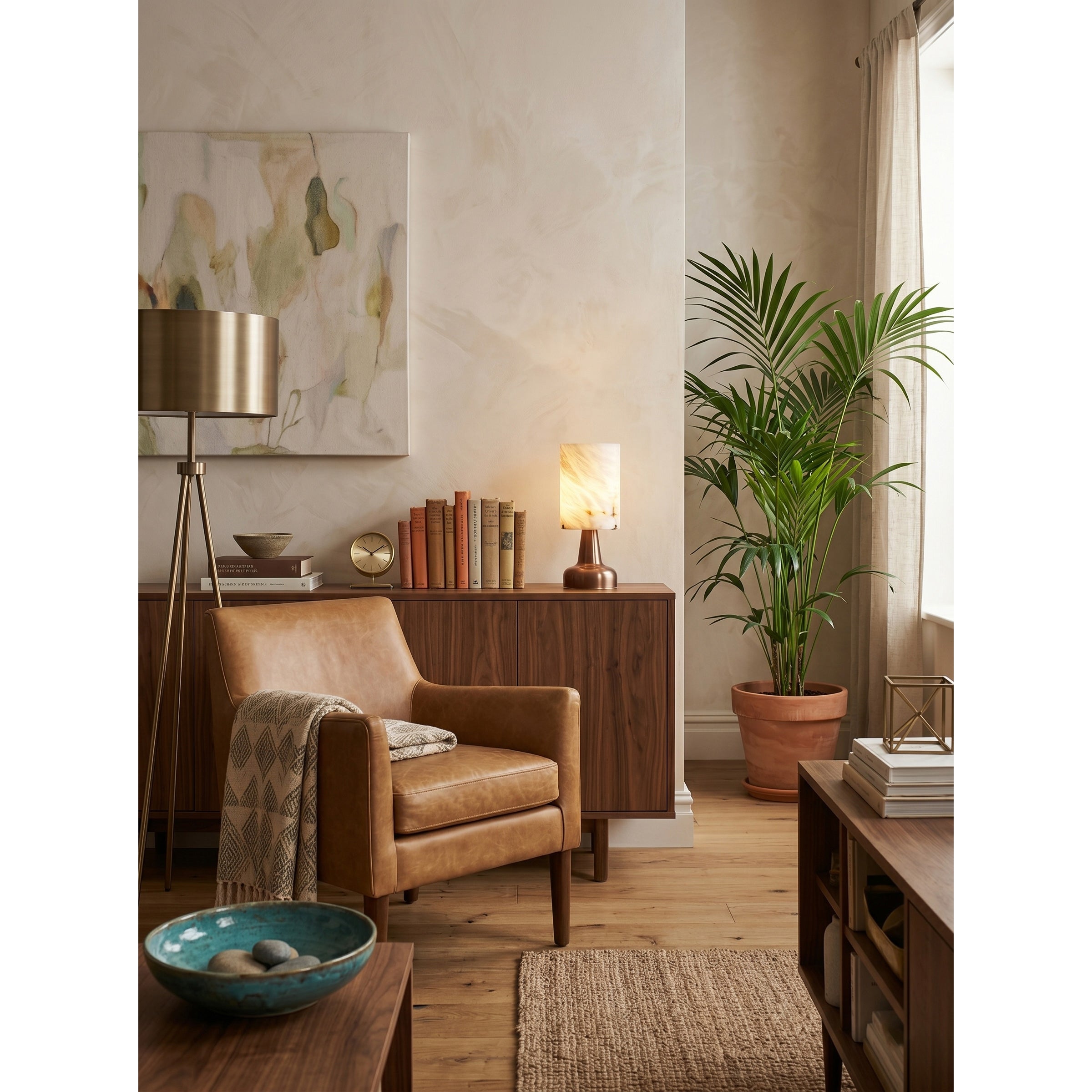The table lamp styled on a minimalist entryway console.