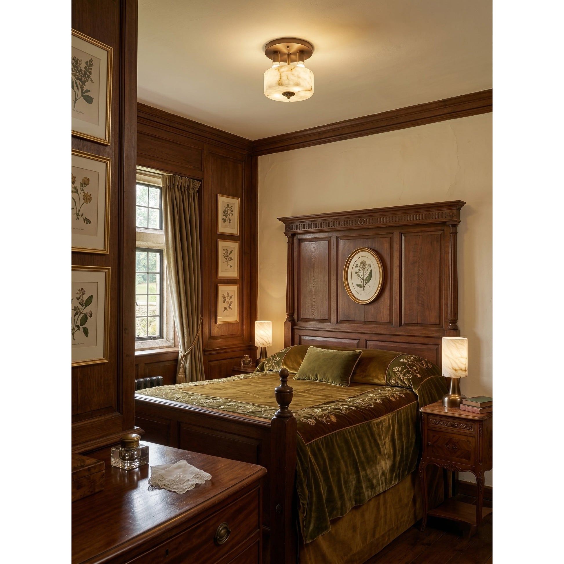 The pear-shaped lamp placed on a bedside table in a primary suite.