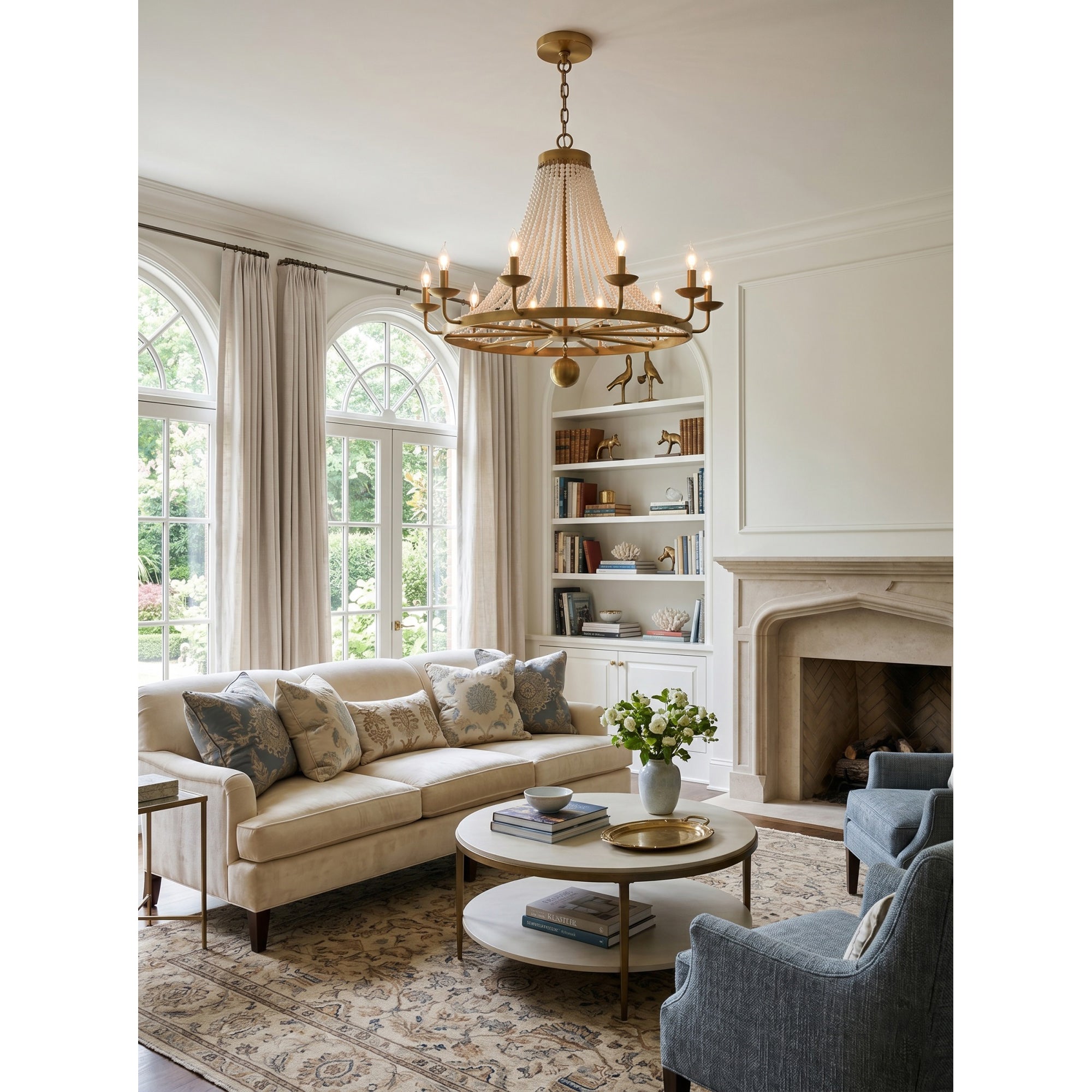 Detail of the adjustable chain and ceiling canopy with a brass finish.