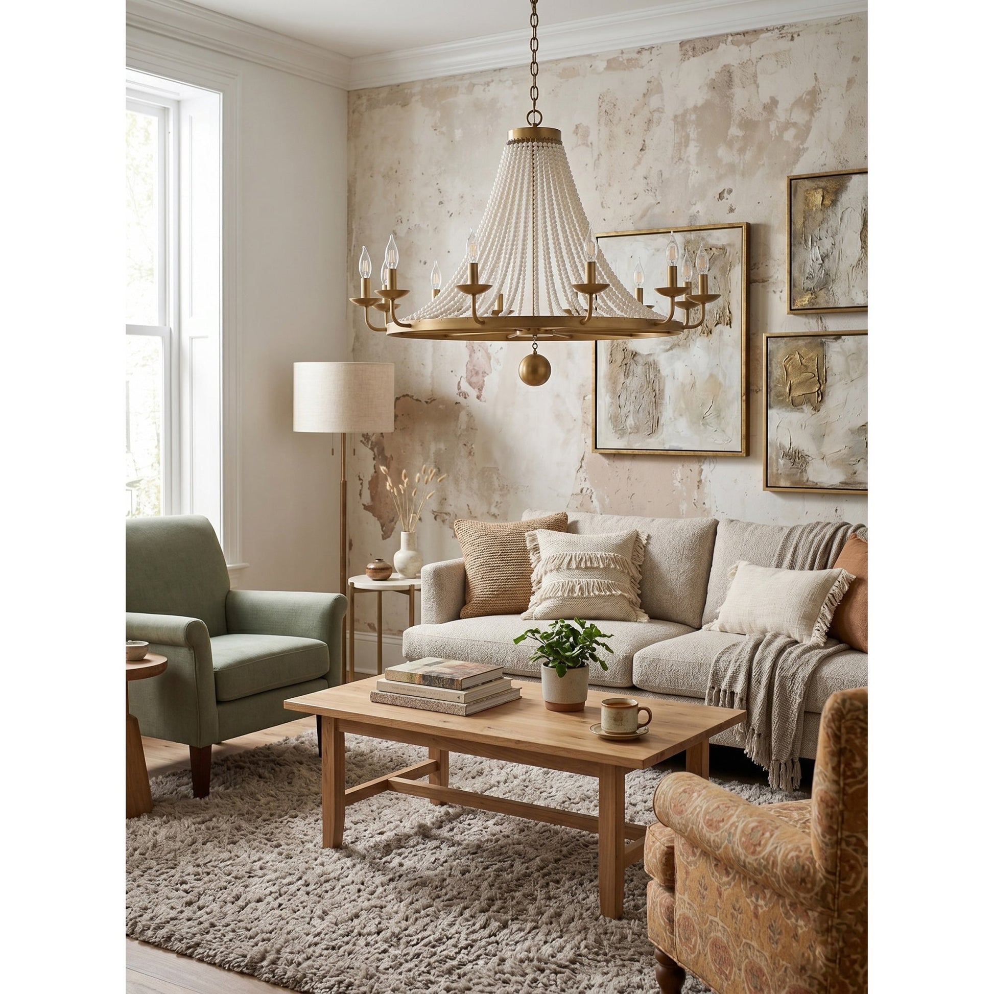 The chandelier as a focal point in a coastal-themed interior.