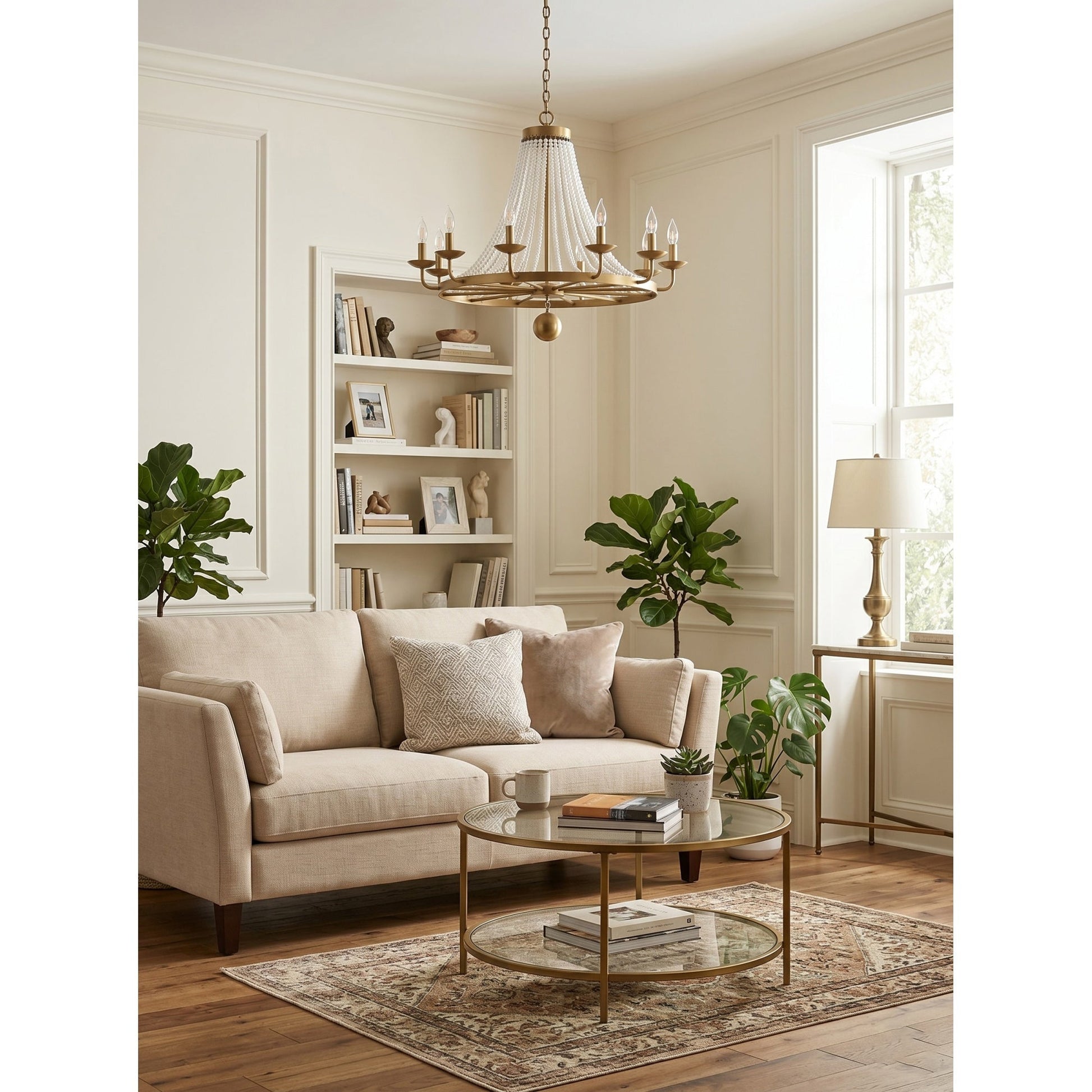 Full view of the Pearl Fiona Chandelier in a spacious room with vaulted ceilings.