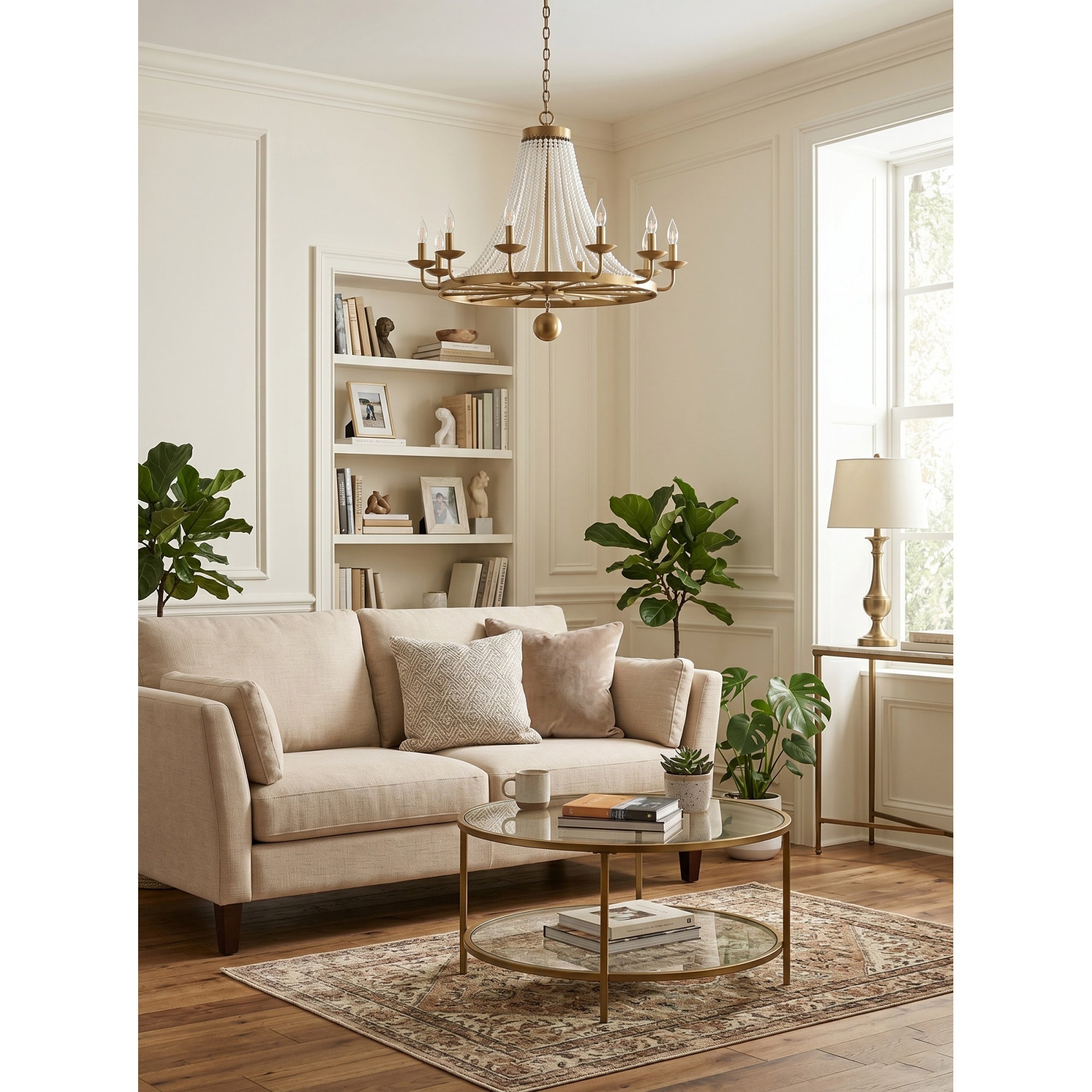 Full view of the Pearl Fiona Chandelier in a spacious room with vaulted ceilings.