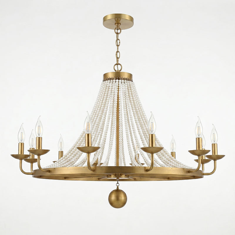 The chandelier casting a warm, ambient glow in the evening.